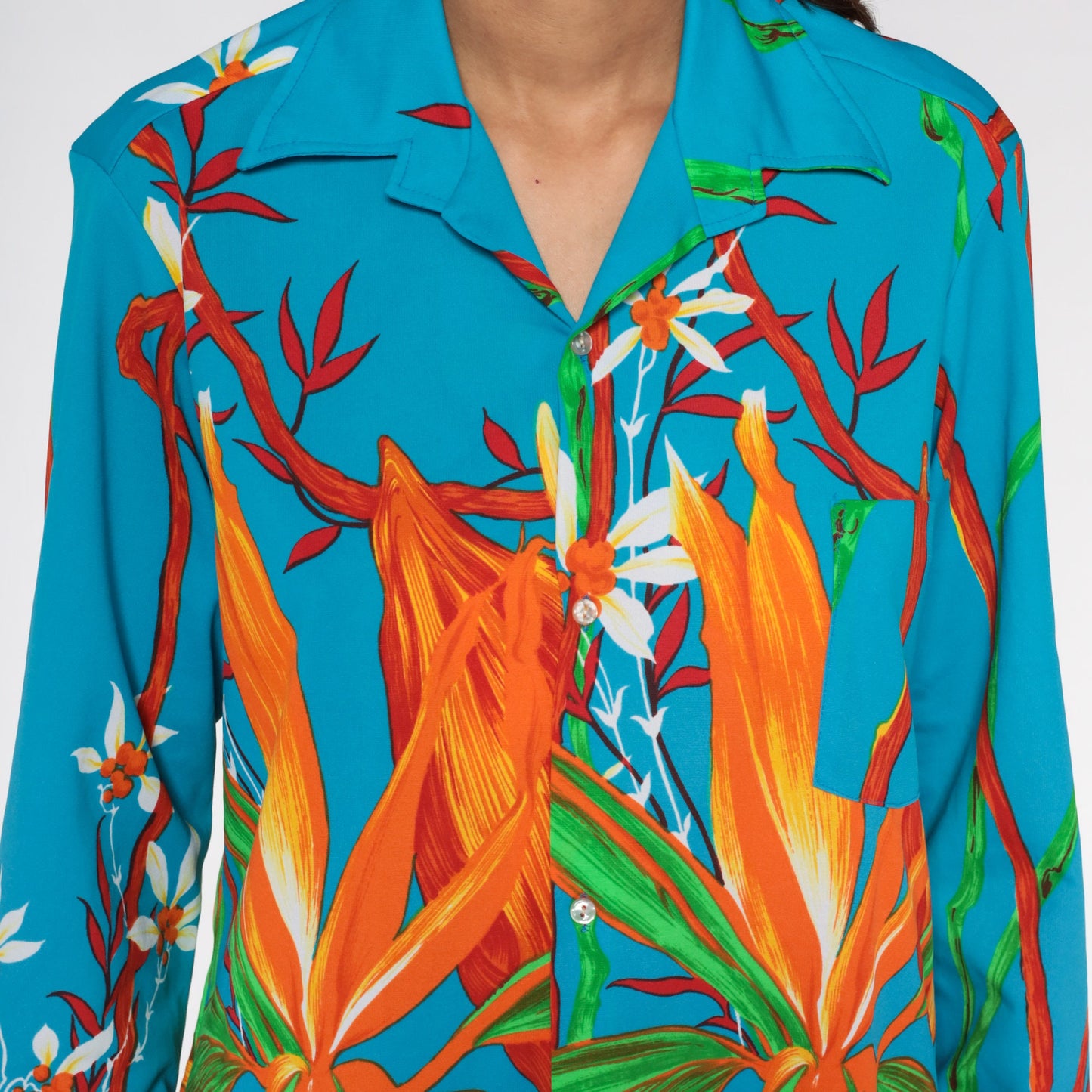 70s Blue Floral Button-Up Shirt Pointed Collar Long Sleeve Unisex Medium Large
