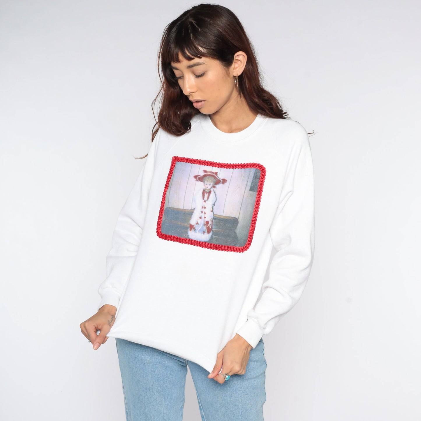 80s Gothic Sweatshirt Victorian Doll Print White Crewneck Small