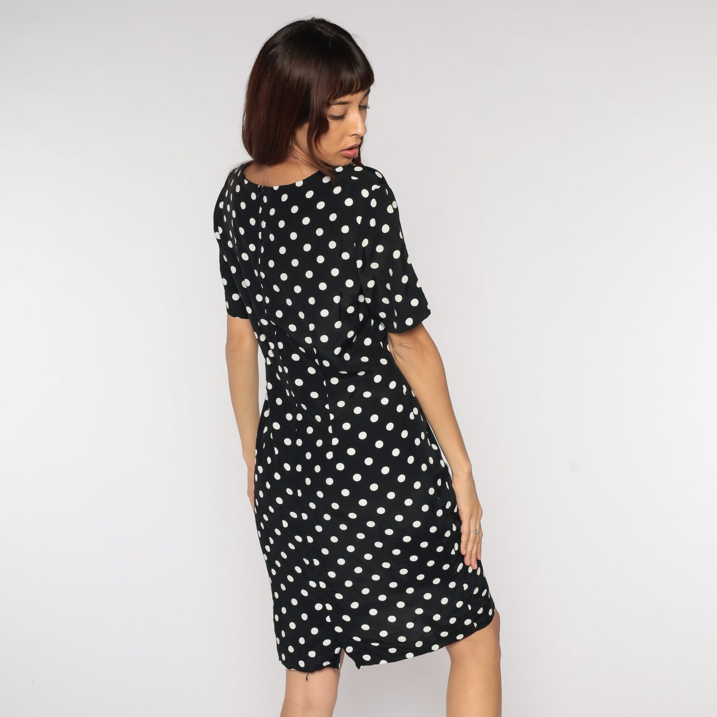 90s Polka Dot Mini Dress Black White Shift Short Sleeve Medium