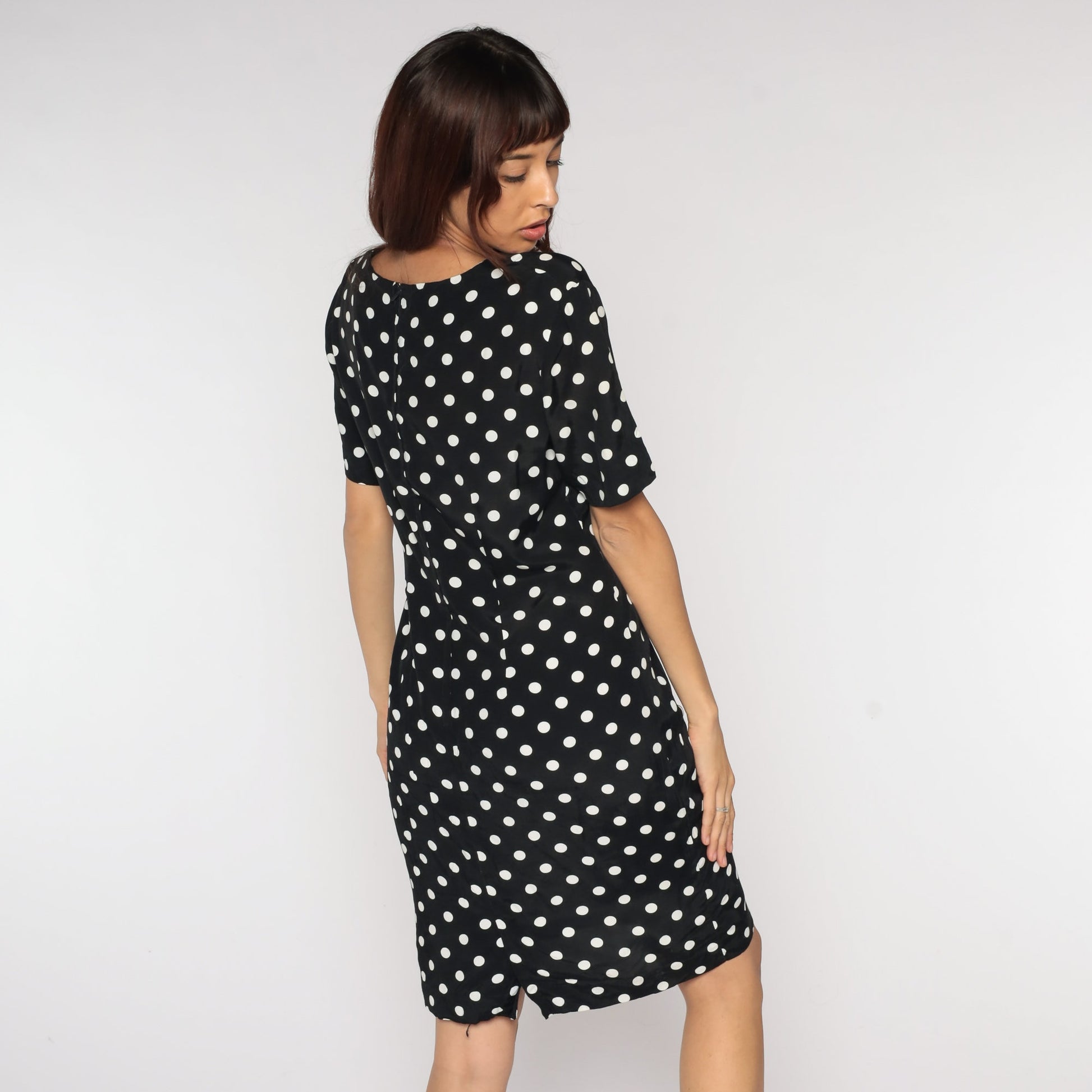 90s Polka Dot Mini Dress Black White Shift Short Sleeve Medium