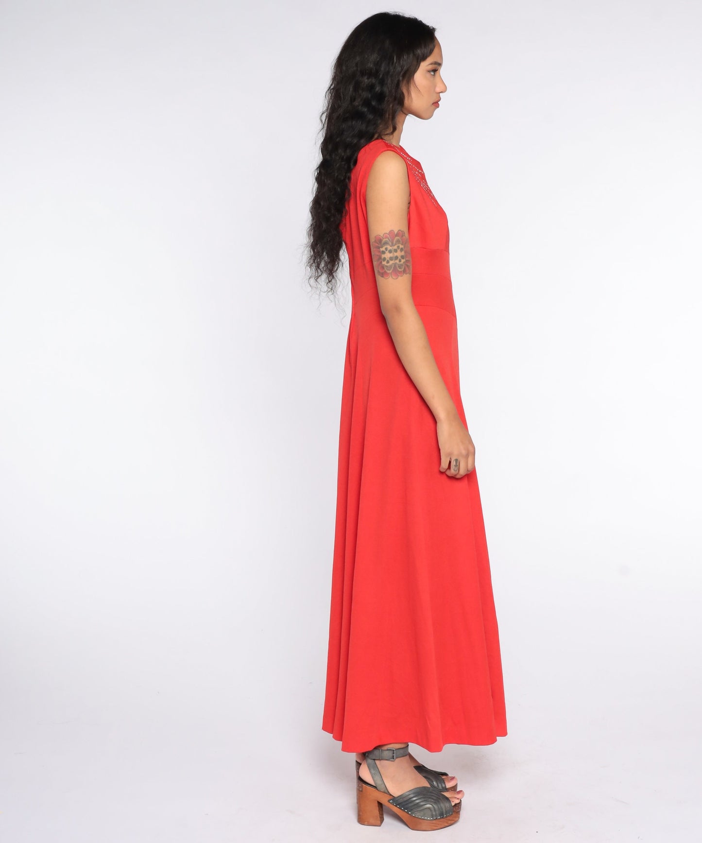 70s Red Rhinestone Maxi Dress Grecian Sleeveless Party Gown Large L