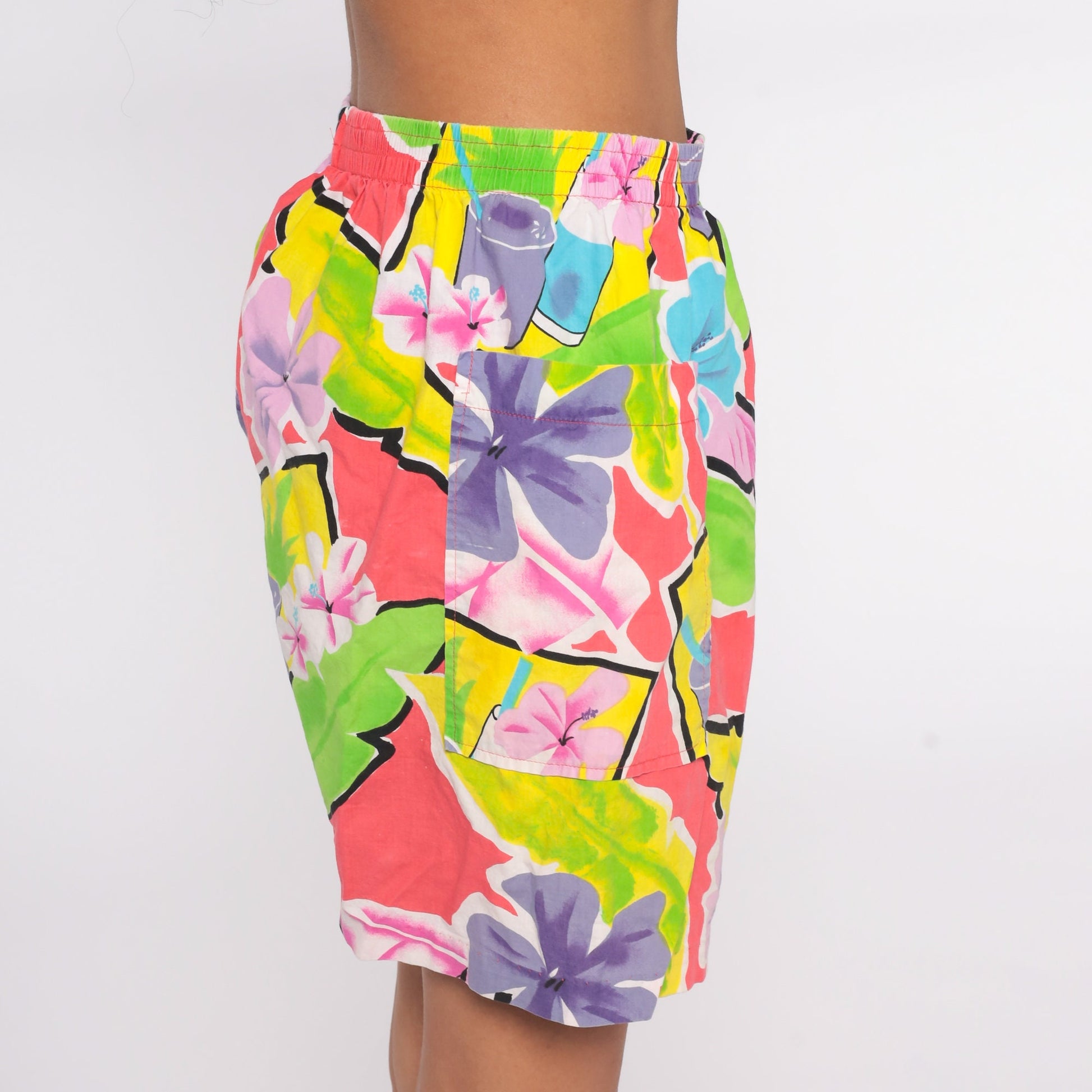 80s Hilo Hattie Tropical Floral Shorts High Waist Elastic Waist Medium