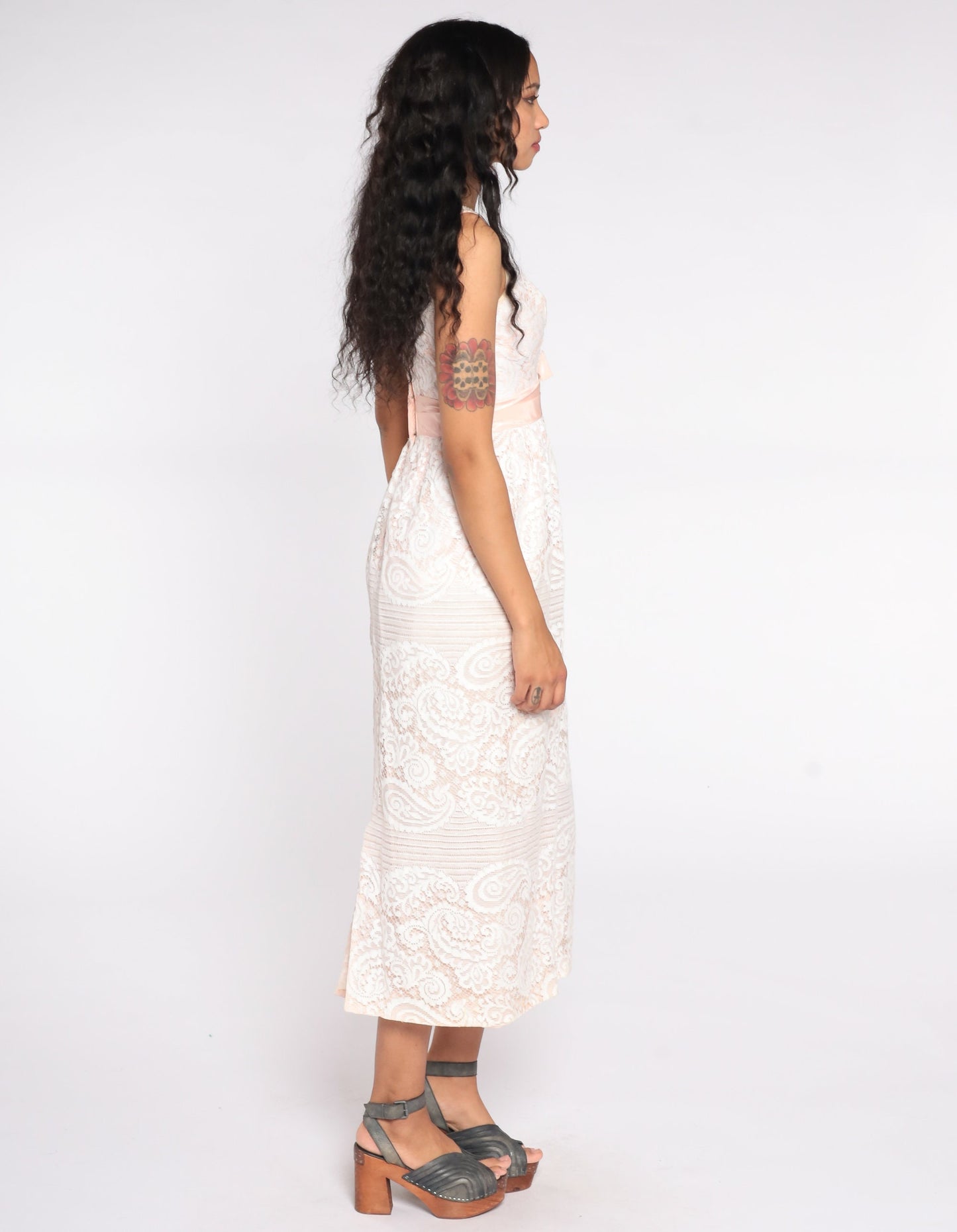 60s White Lace Maxi Dress Empire Waist Pink Bow Sleeveless Extra Small