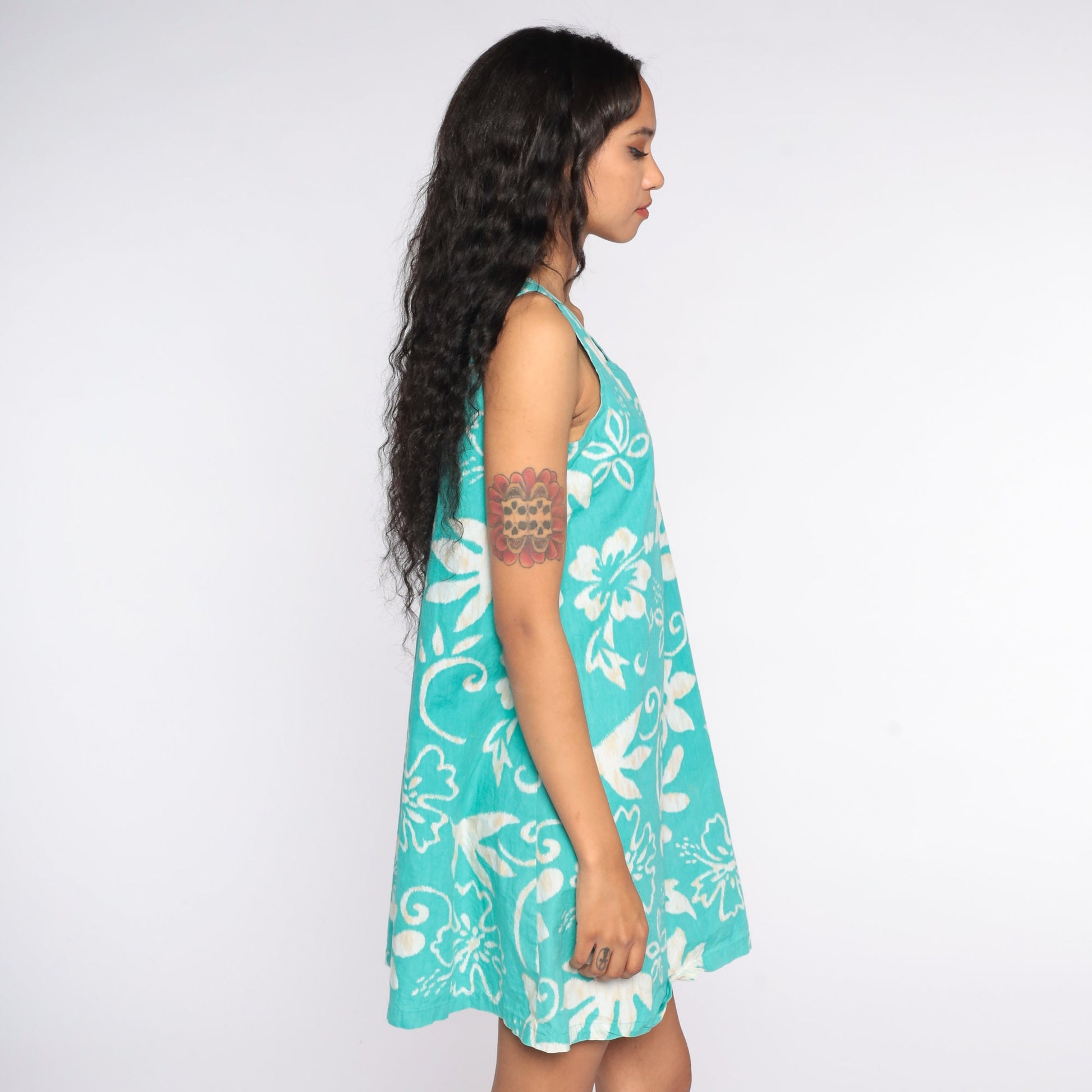 90s Reyn Spooner Hawaiian Mini Dress Turquoise Floral Cotton Medium