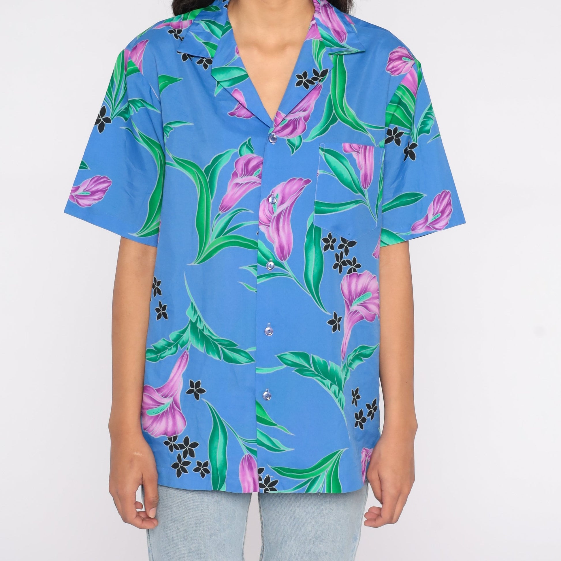 80s Hilo Hattie Tropical Floral Button-Up Shirt Blue Purple Green Large
