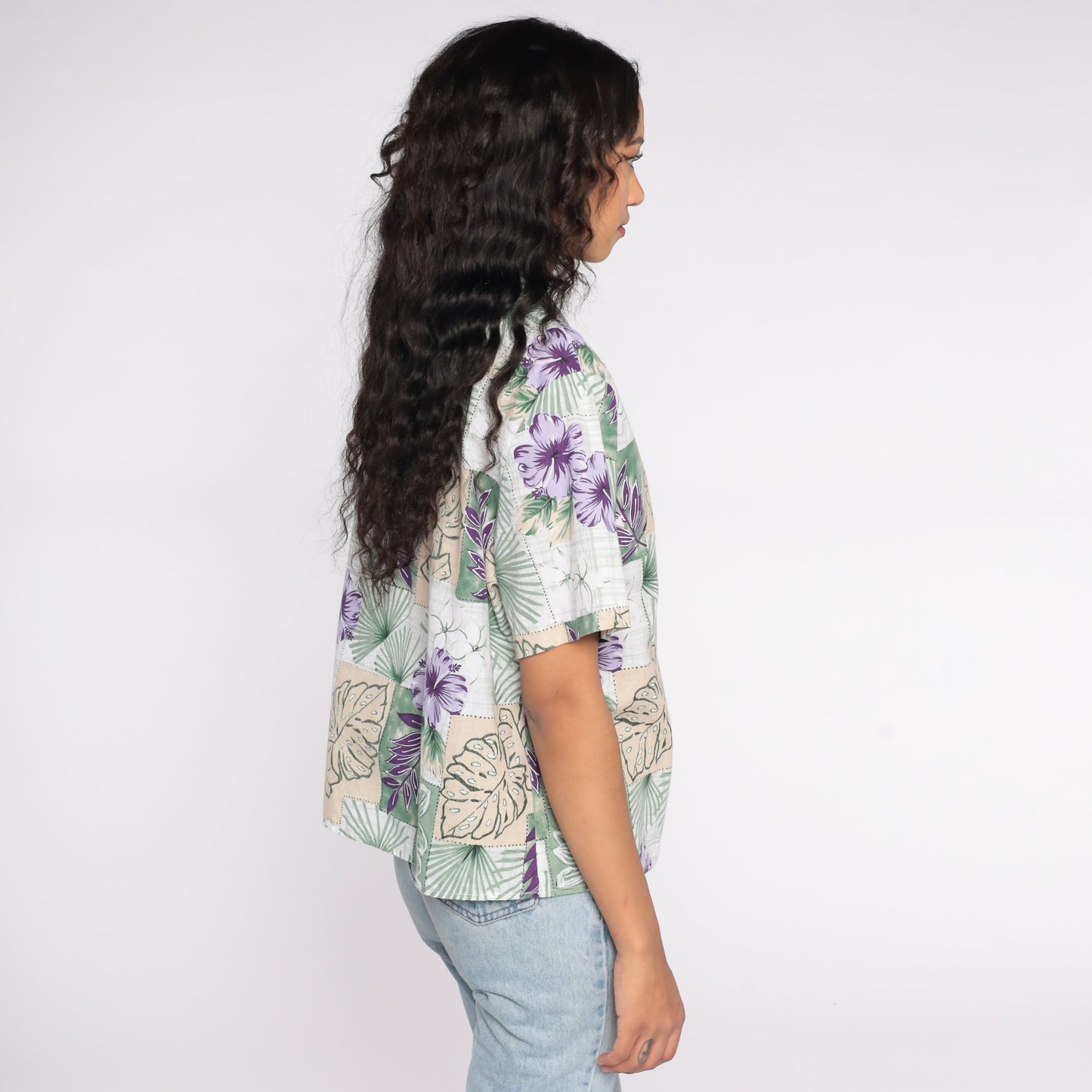 90s Tropical Leaf Print Hawaiian Button-Up Blouse Short Sleeve Extra Large XL