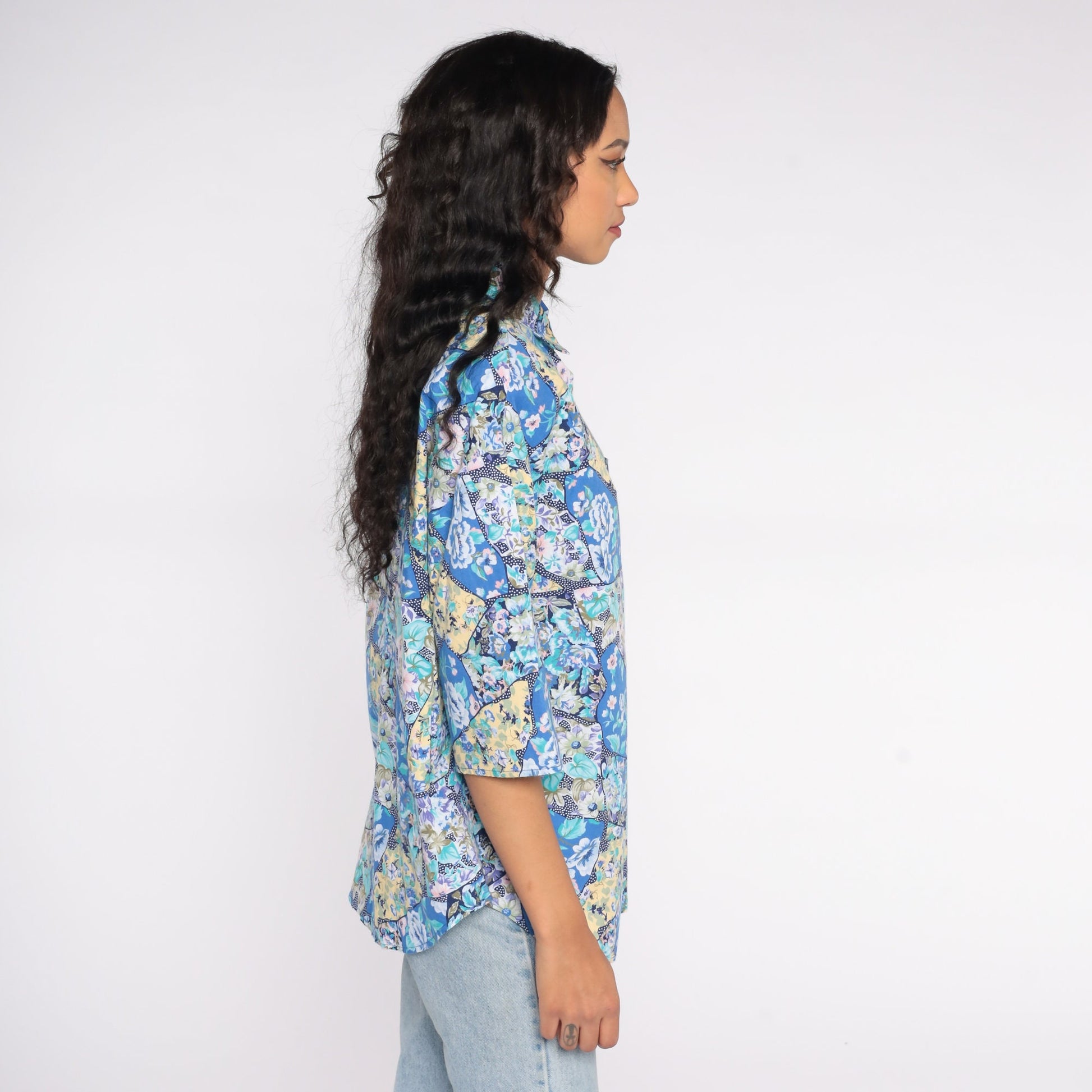 80s Floral Button-Up Blouse Blue Yellow Short Sleeve Shoulder Pads Plus Size 18W