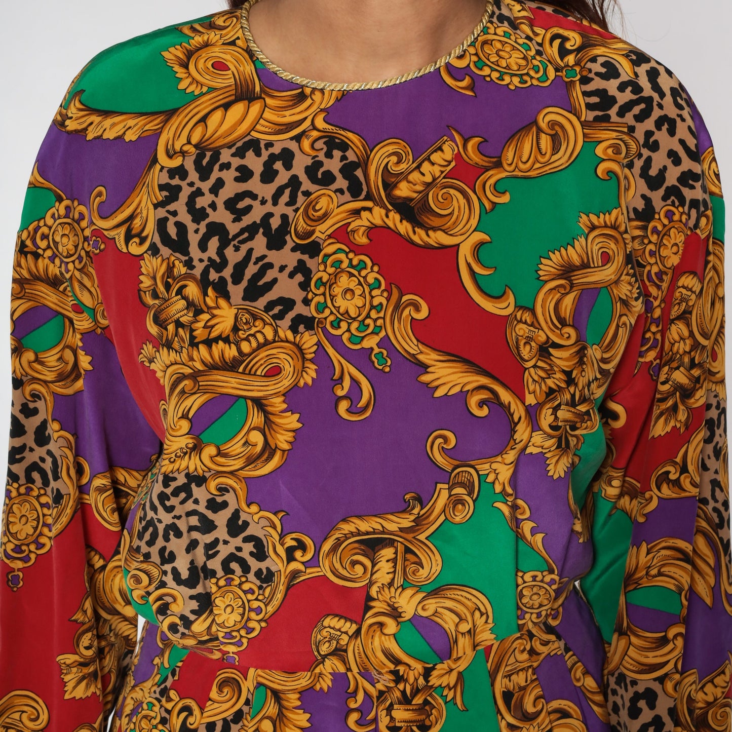 80s Silk Baroque Leopard Print Dress Long Sleeve Pleated Midi Red Purple Medium