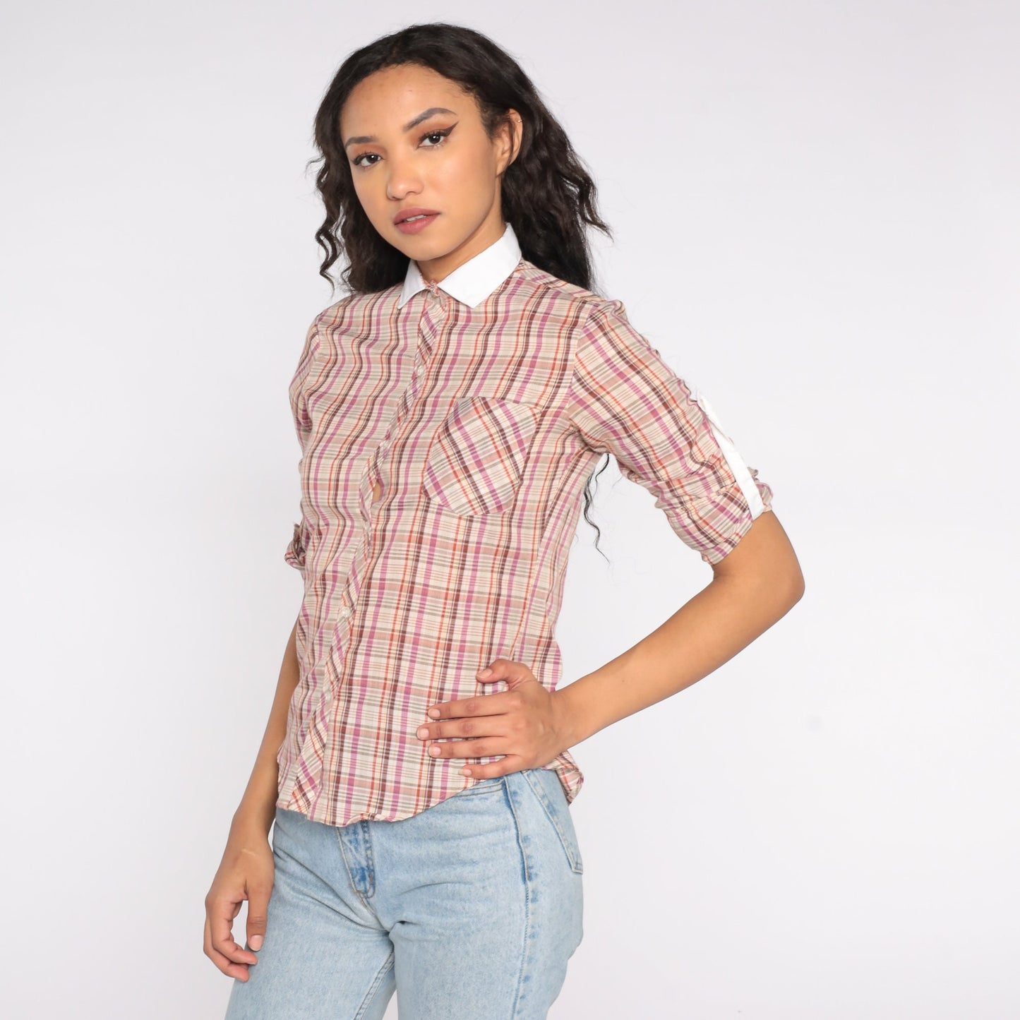 80s Western Plaid Button Up Blouse Purple Red Yellow Checkered Cowgirl Shirt Extra Small XS