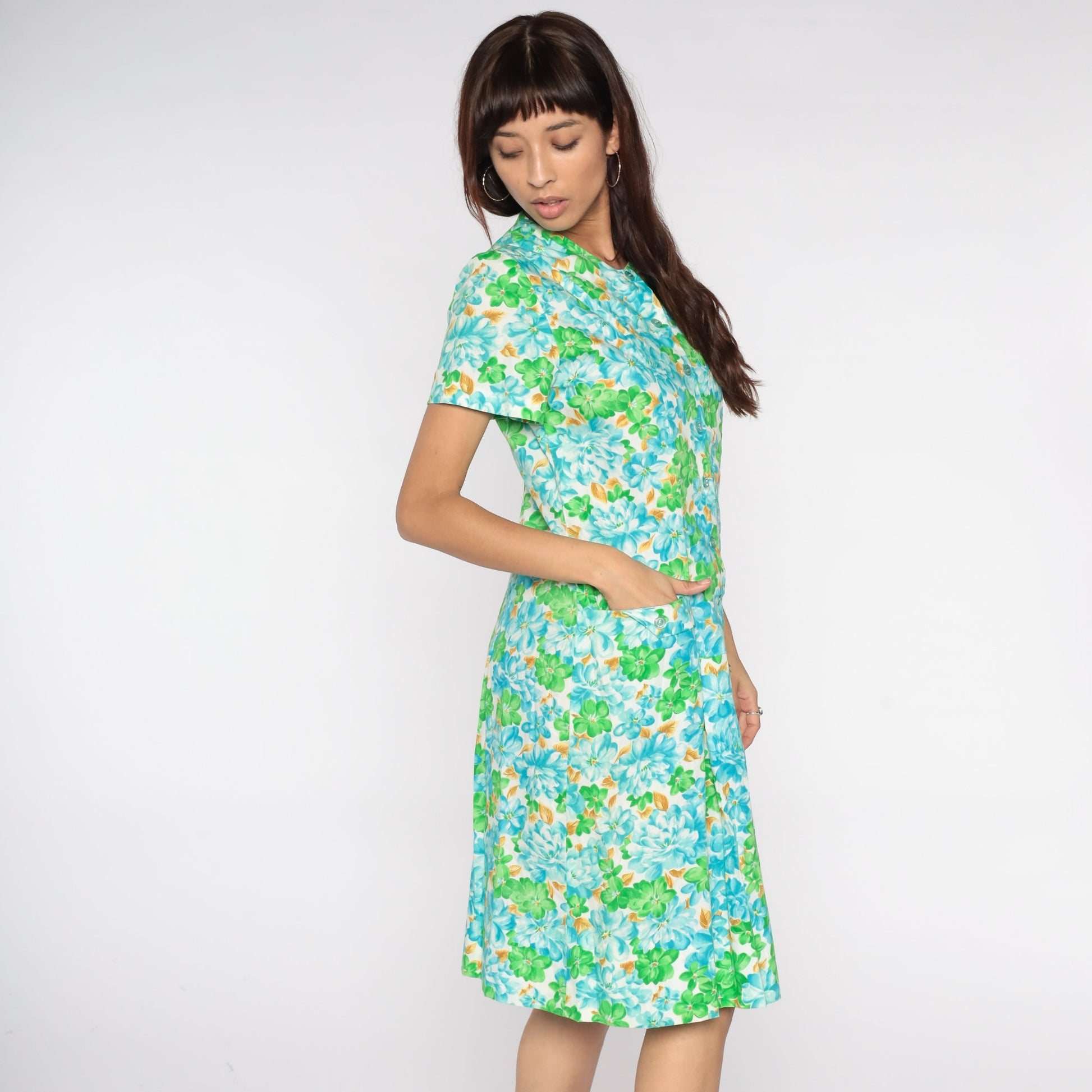 60s Floral Print Button-Up Dress White Blue Green Knee-Length Medium