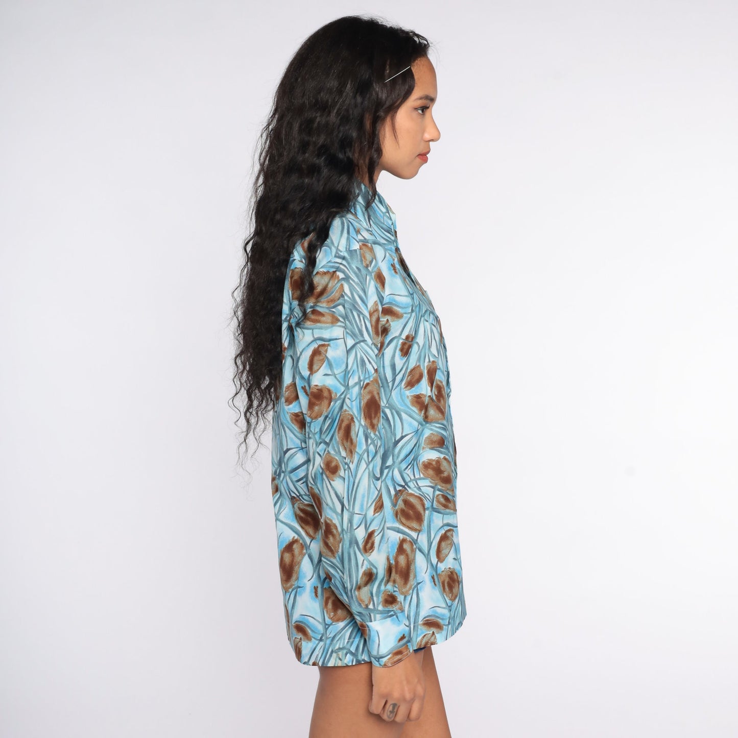 70s Blue Floral Button Up Shirt Dagger Collar Long Sleeve Medium