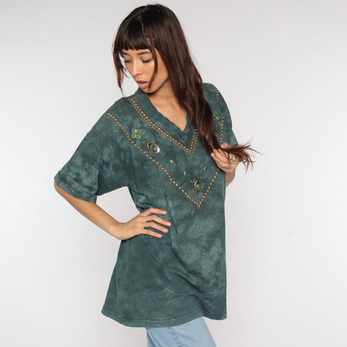 80s Tie Dye V-Neck T-Shirt Gold Studded Green Short Sleeve Extra Large