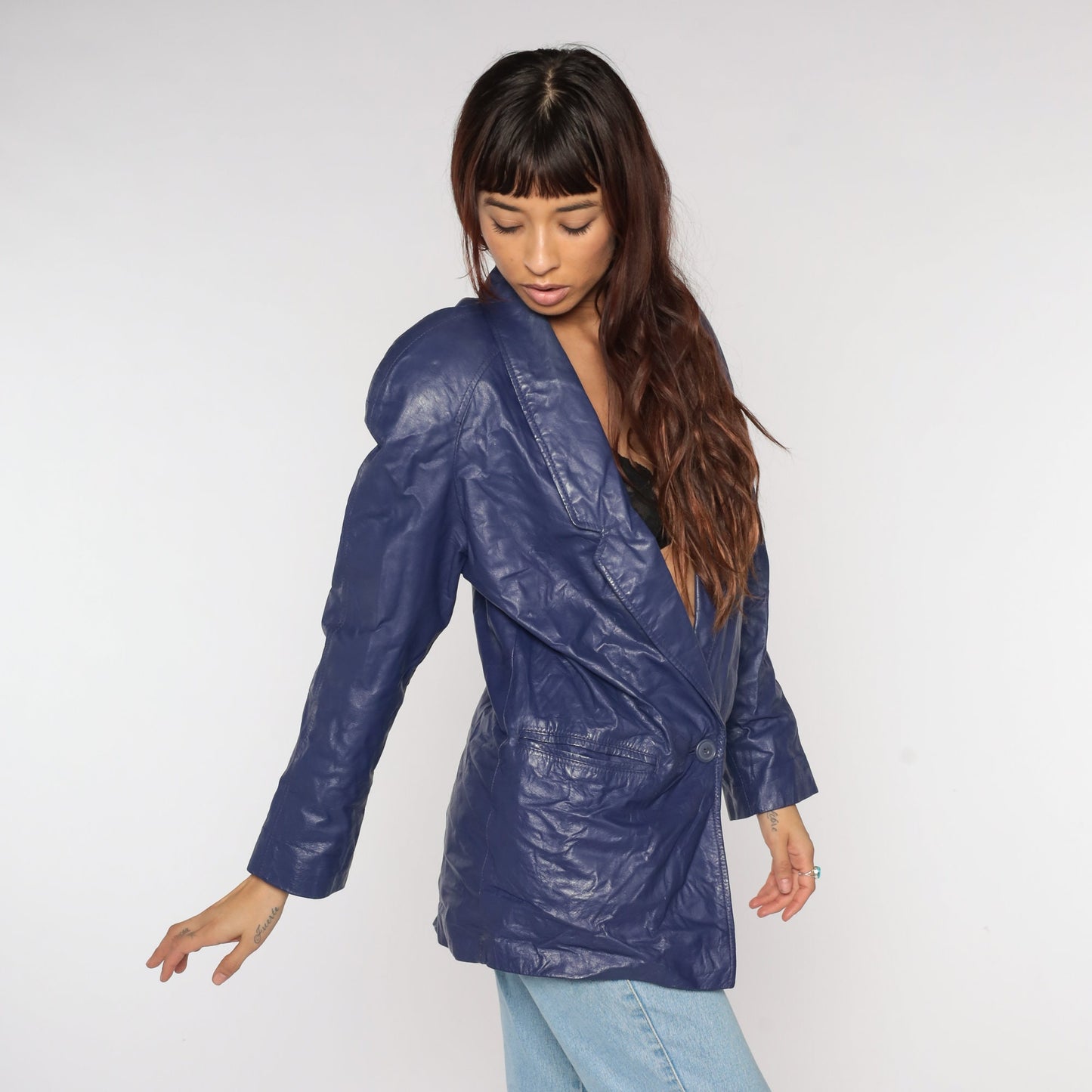 80s Purple Leather Blazer Shoulder Pad Jacket Medium M