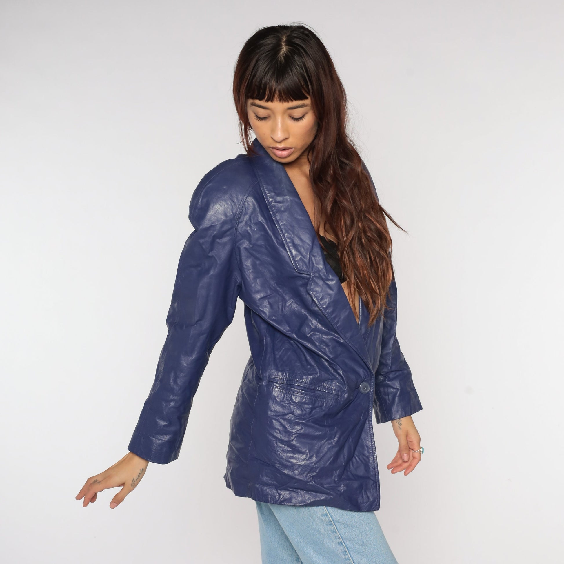 80s Purple Leather Blazer Shoulder Pad Jacket Medium M