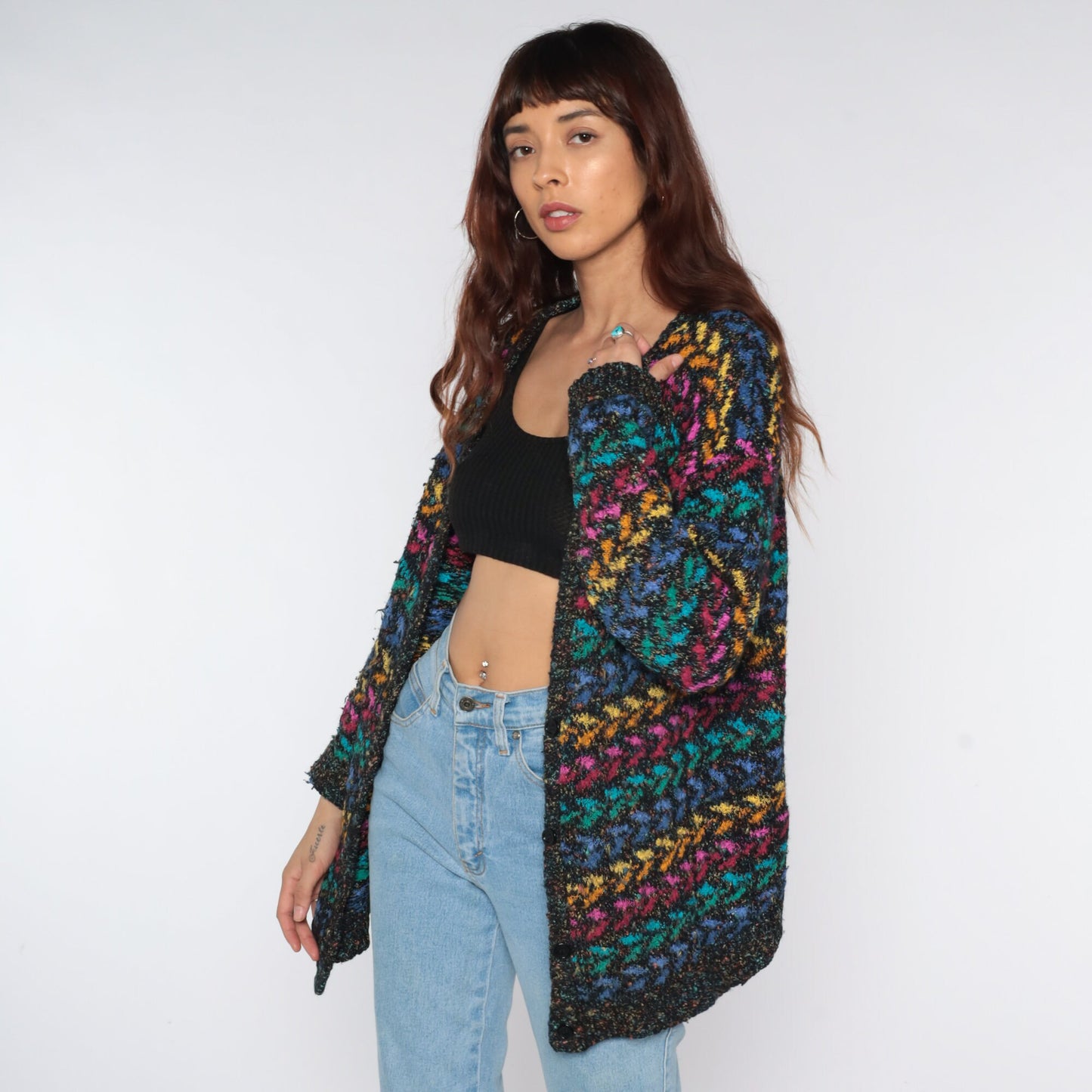 80s Metallic Geometric Cardigan Black Rainbow Sparkly Knit Small