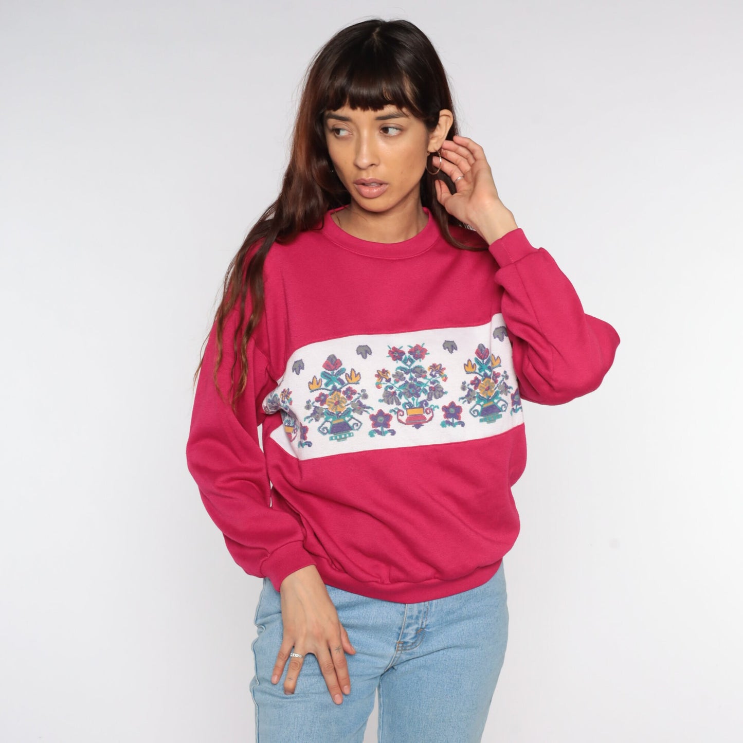 80s Floral Graphic Sweatshirt Deep Pink Crewneck Medium M