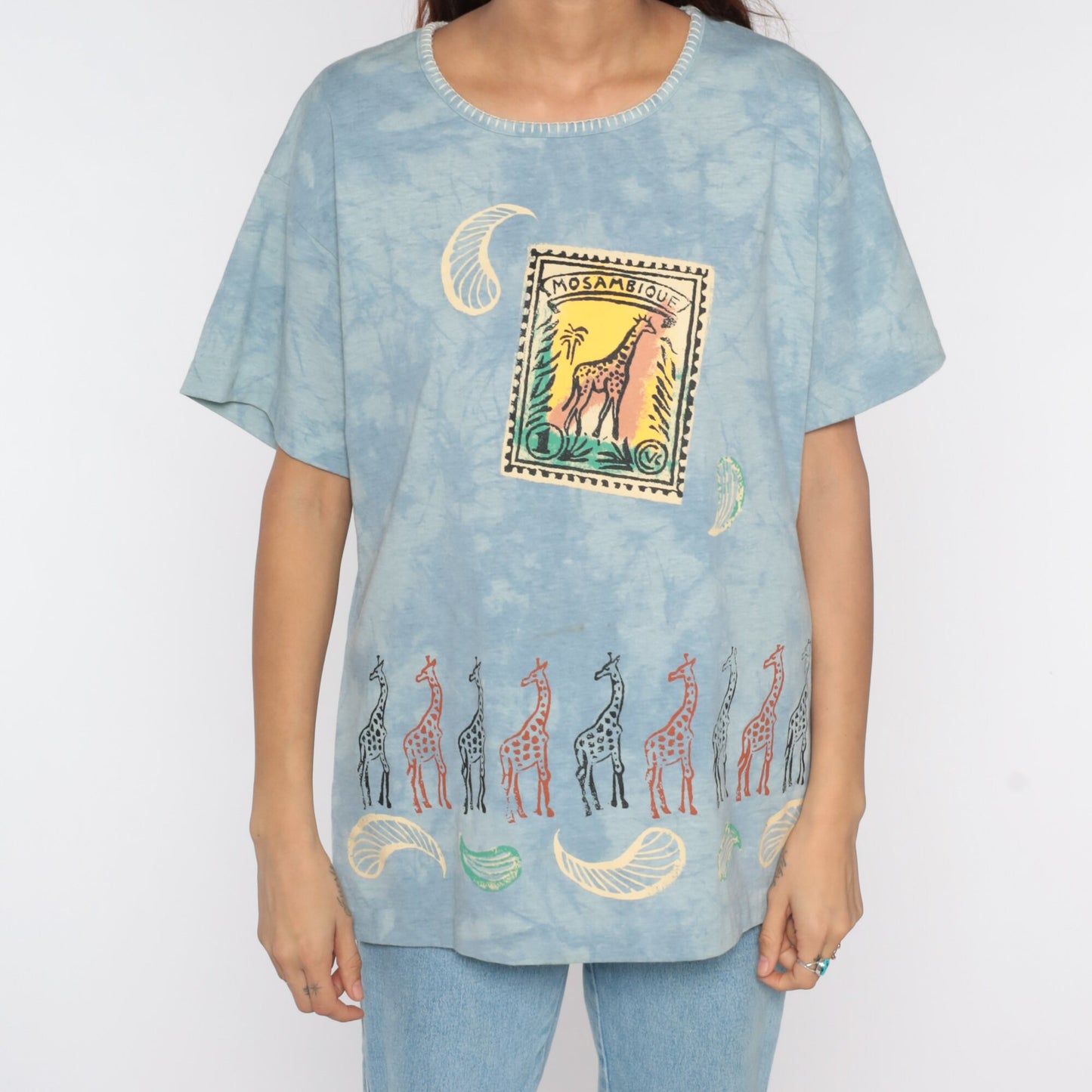 90s Mozambique Giraffe Tie Dye T-Shirt Blue Stamp Print Medium