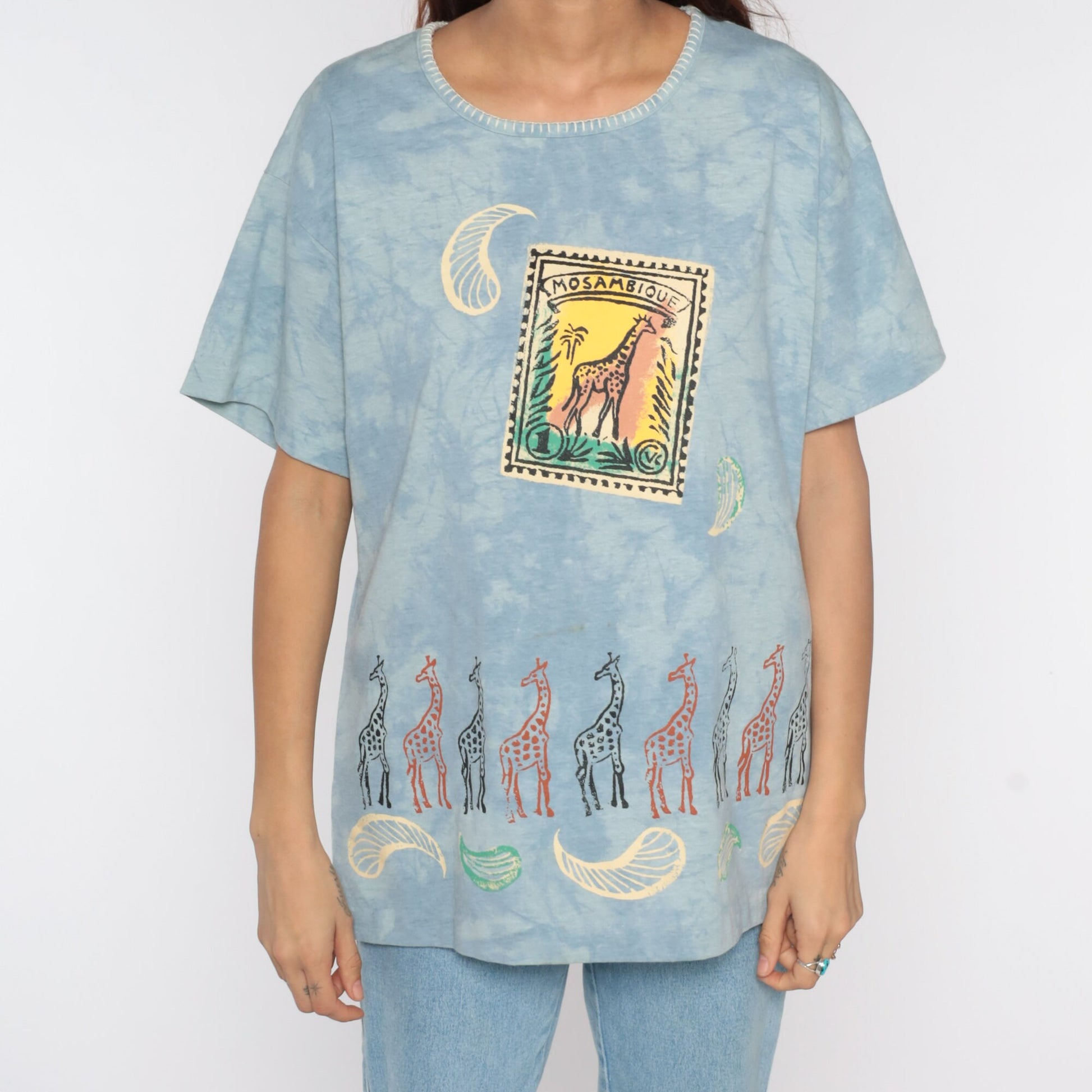 90s Mozambique Giraffe Tie Dye T-Shirt Blue Stamp Print Medium