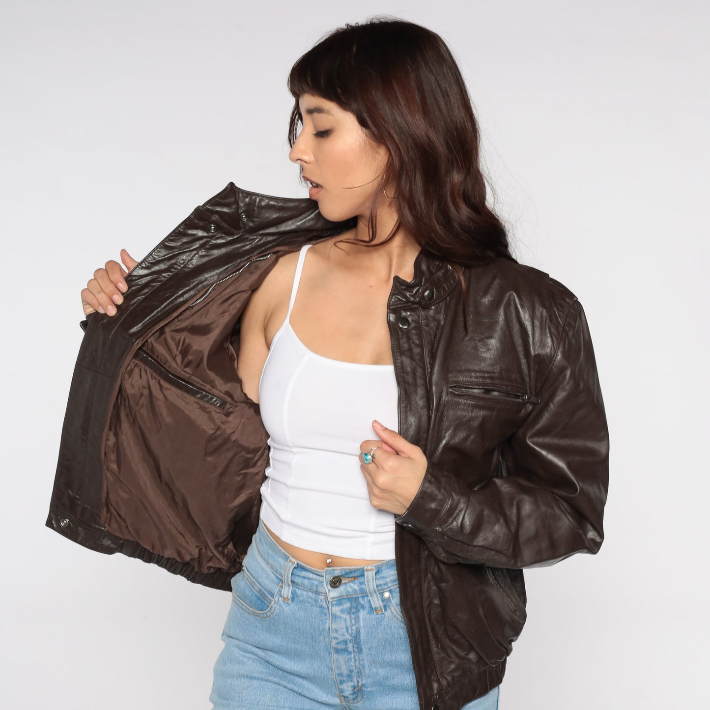 80s Brown Leather Moto Jacket Zip Collared Motorcycle Coat Large