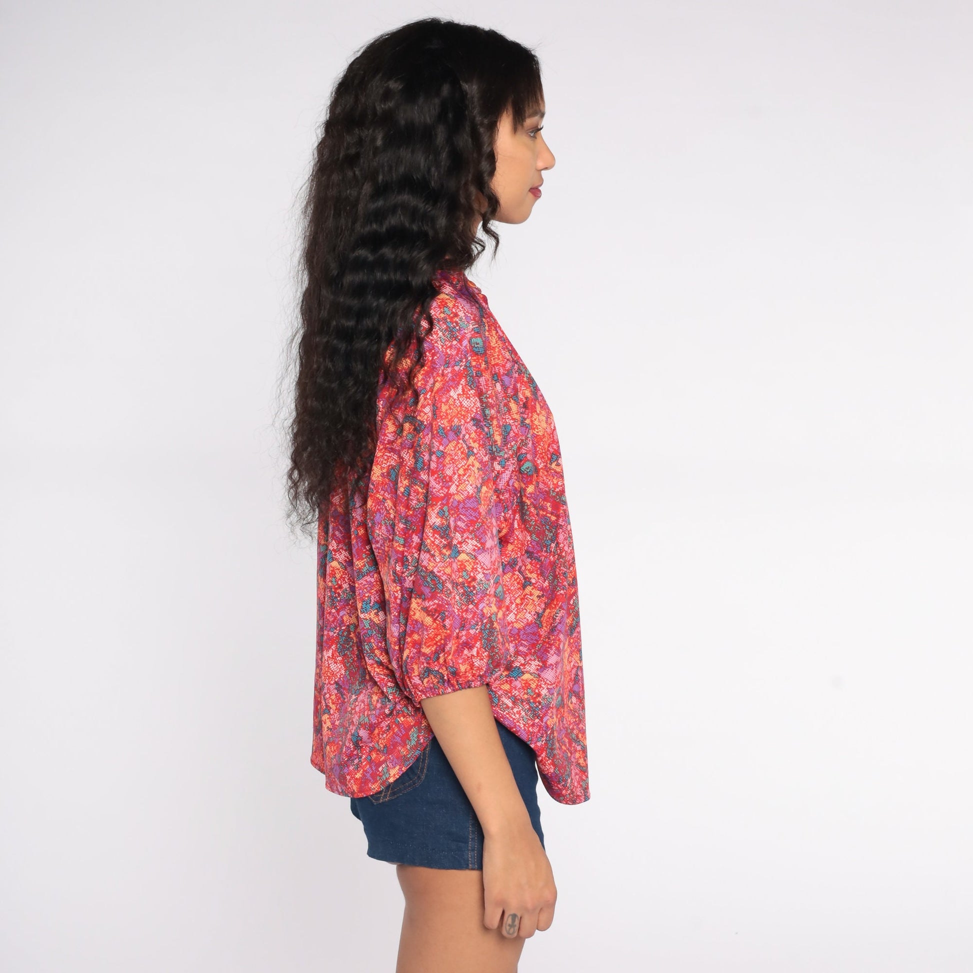 70s Psychedelic Abstract Button-Up Blouse Long Sleeve Tunic Shirt Medium Large