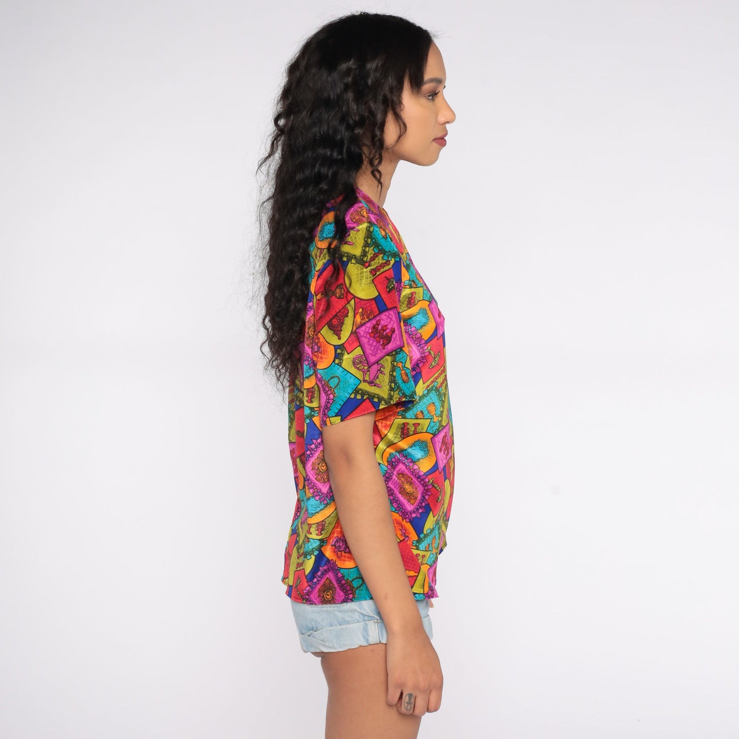 80s Geometric Furniture Print Blouse Cap Sleeve Multicolor Statement Top Large L