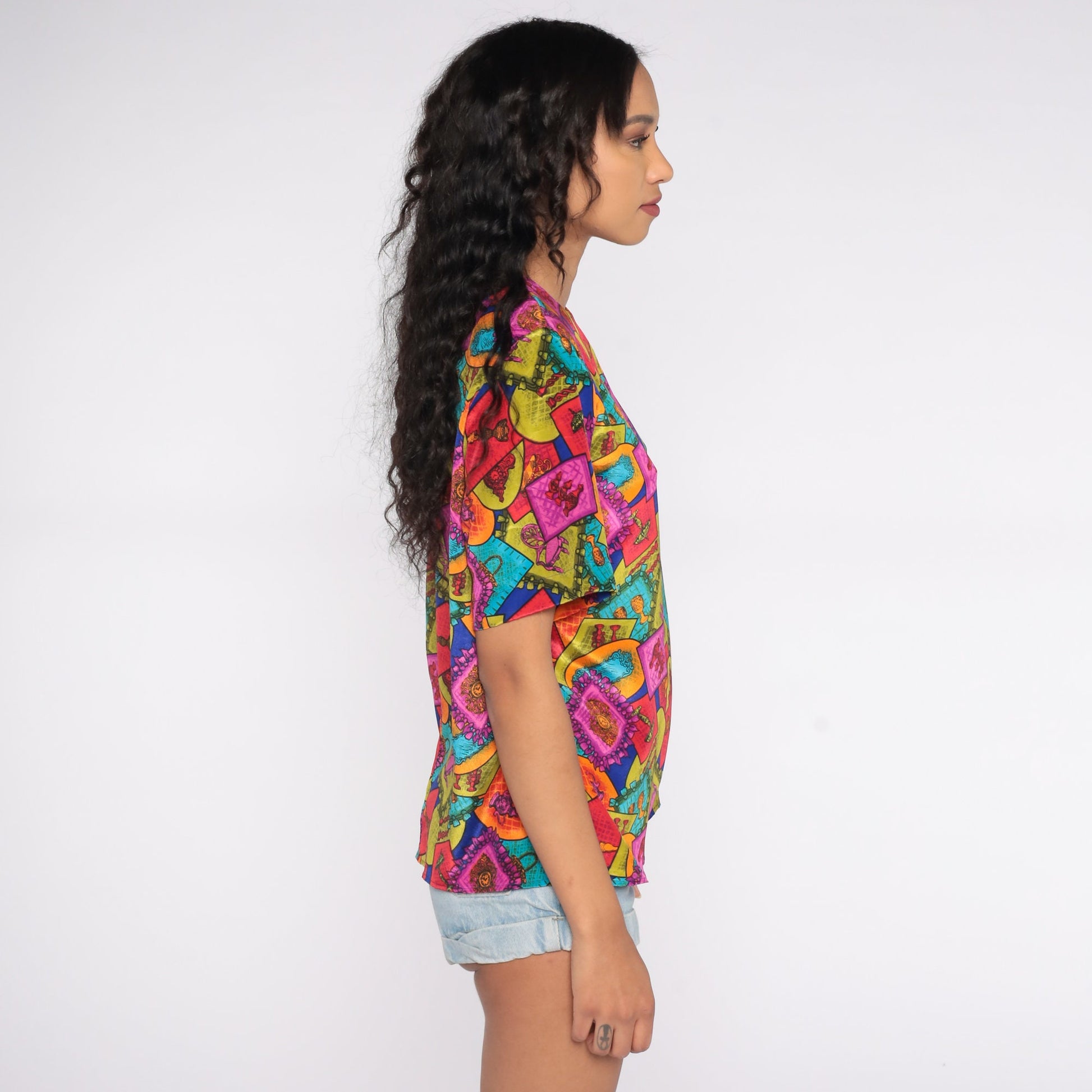 80s Geometric Furniture Print Blouse Cap Sleeve Multicolor Statement Top Large L