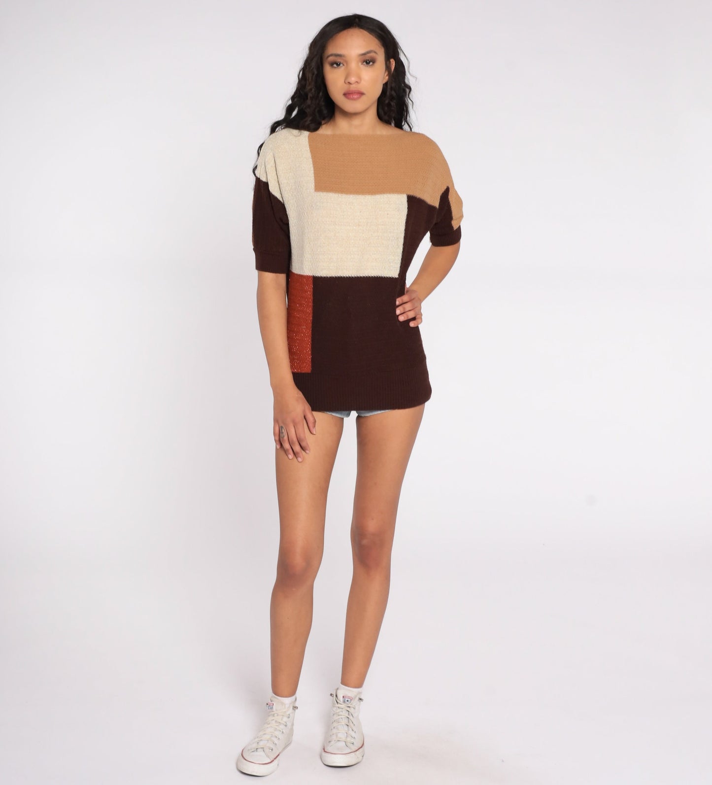 80s Color Block Knit Top Short Sleeve Striped Sweater Cream Rust Brown Small S