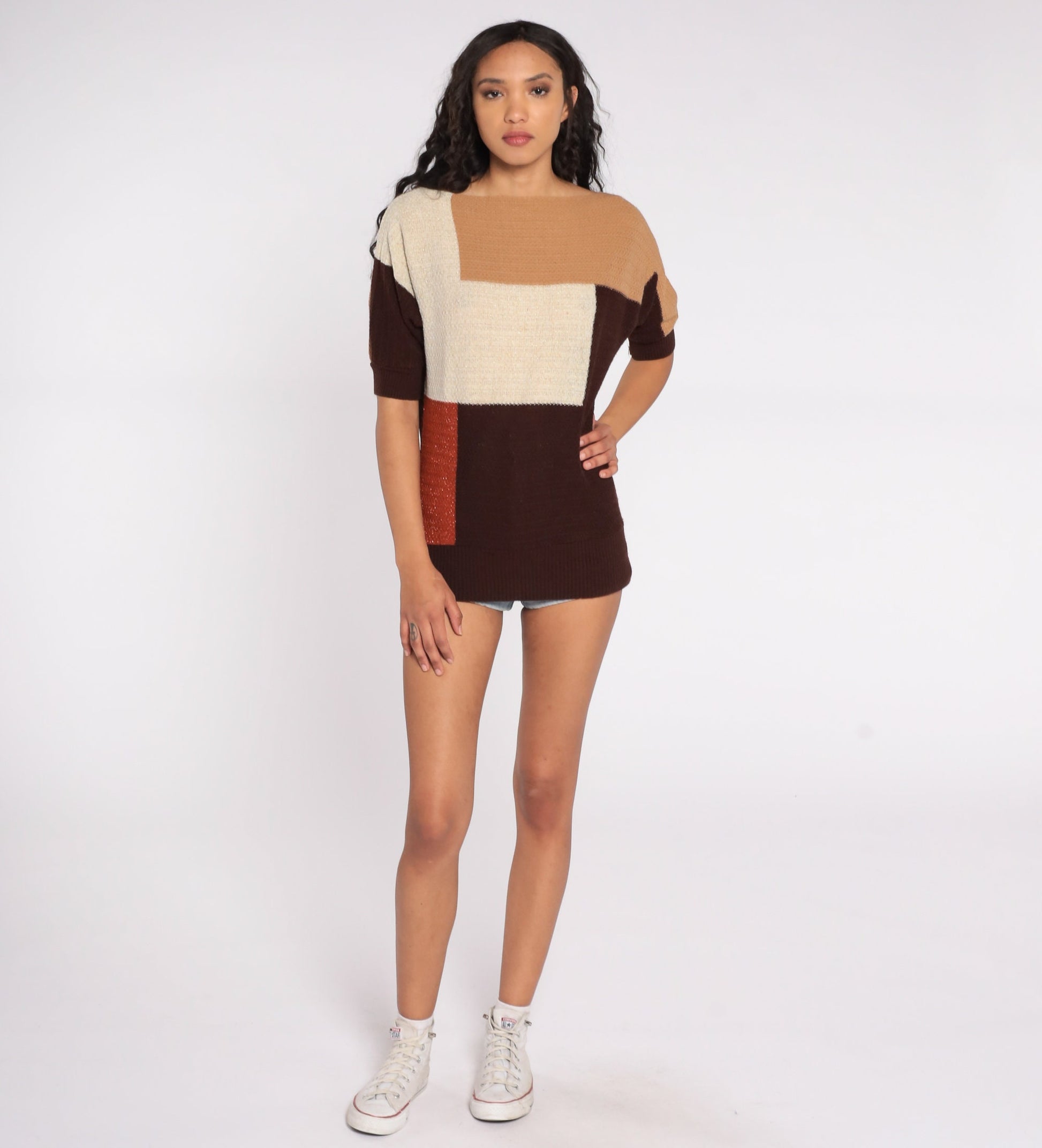 80s Color Block Knit Top Short Sleeve Striped Sweater Cream Rust Brown Small S