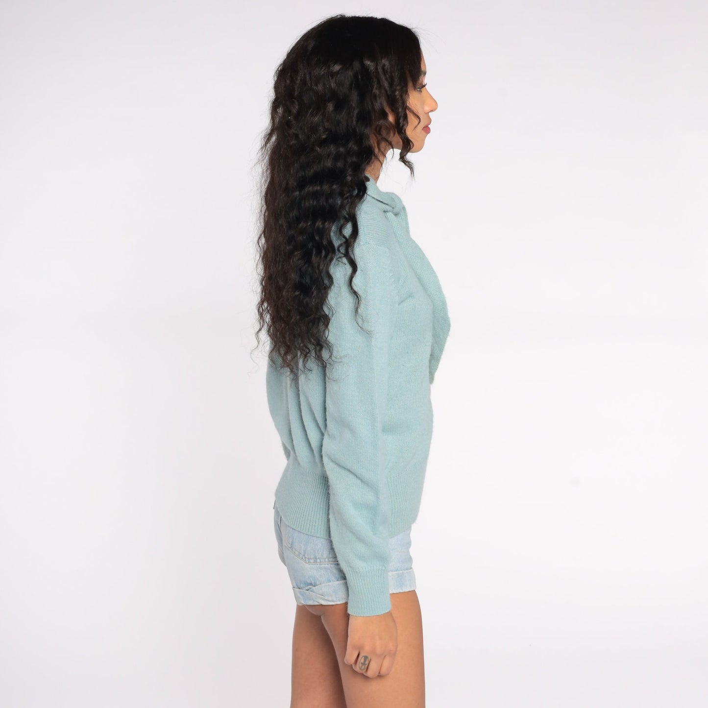 80s Seafoam Blue Ascot Sweater Knit Pullover Large L