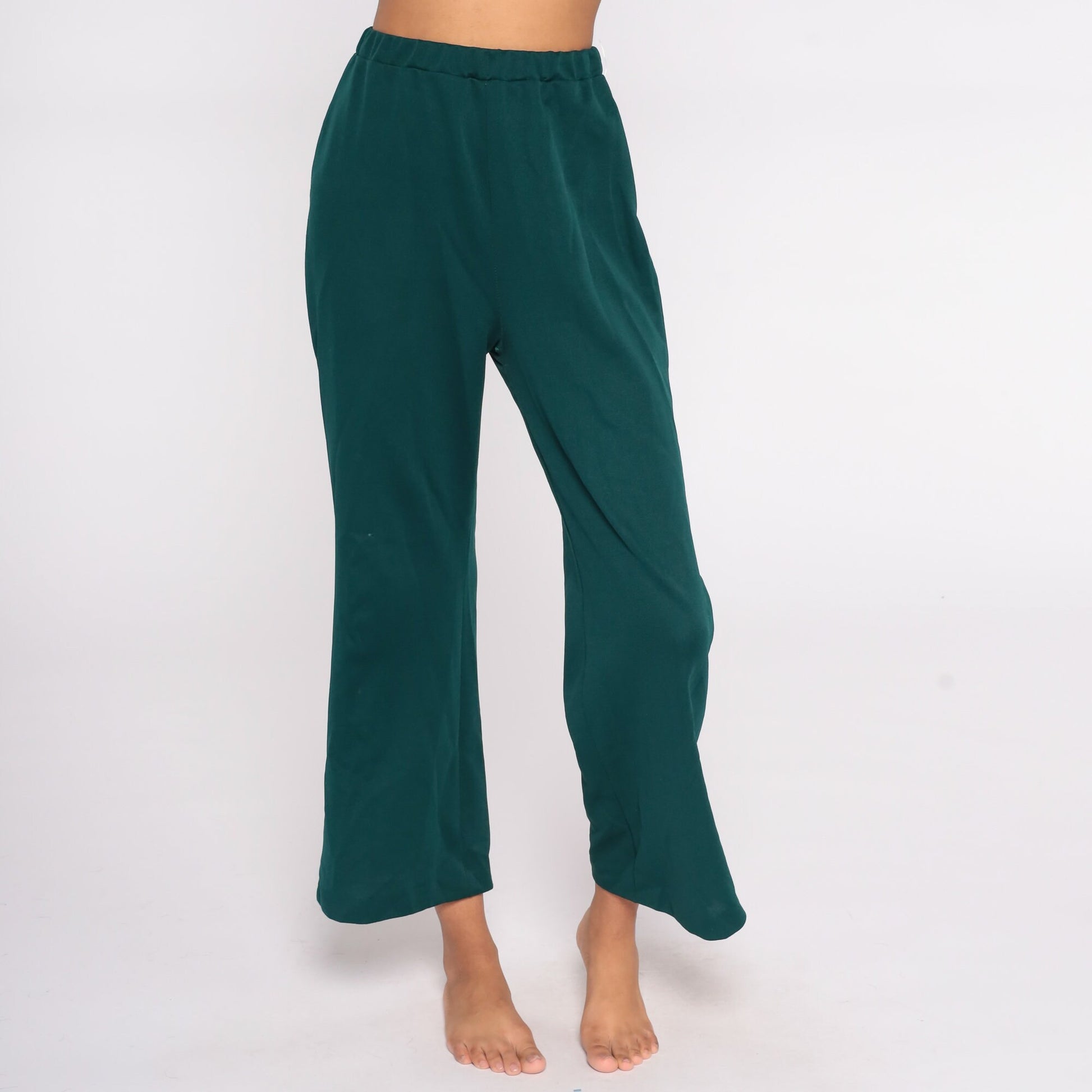 70s Green Bell Bottom Trousers High Waist Flared Polyester Small Medium