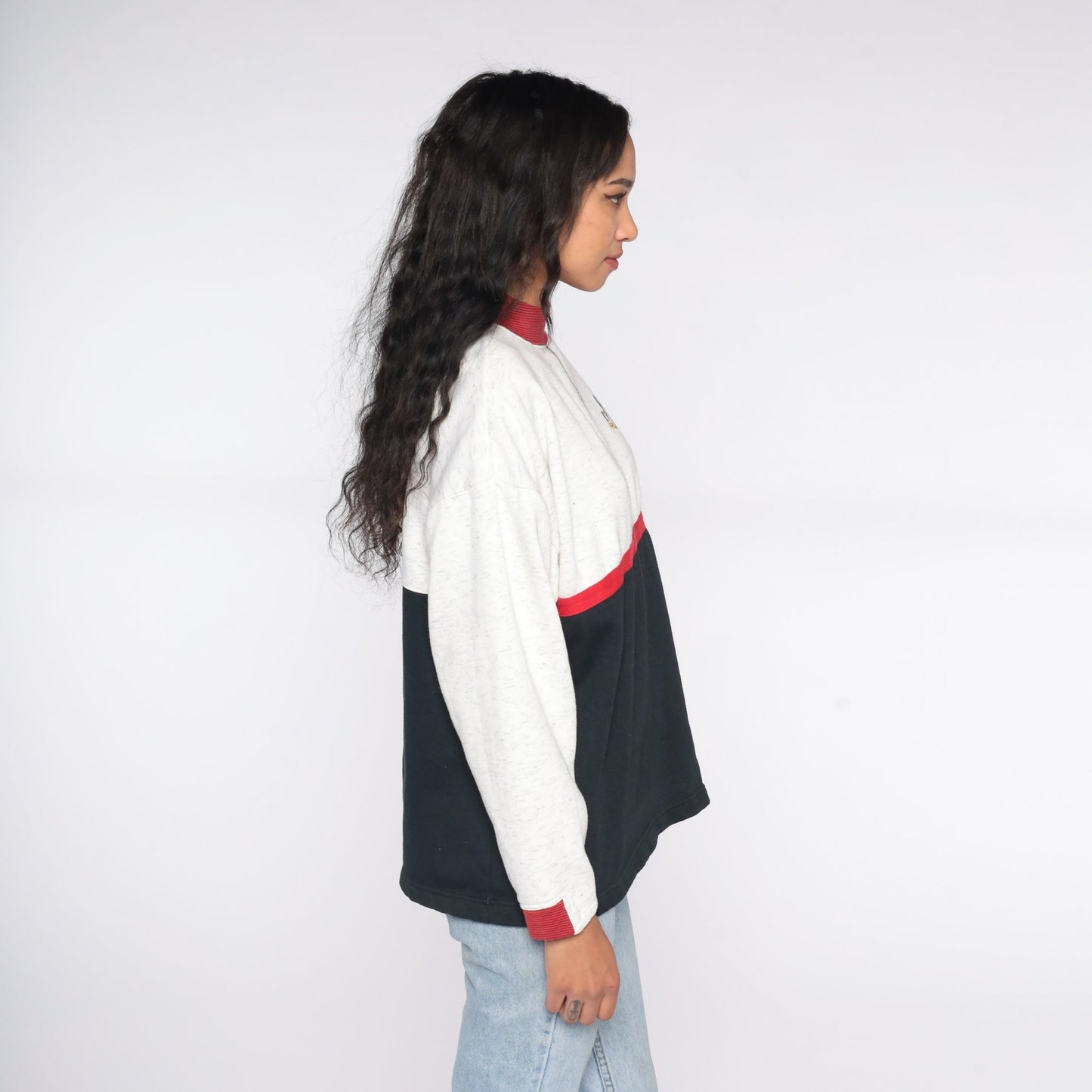 90s Horse Crest Colour Block Sweatshirt Grey Black Mock Neck Medium Large