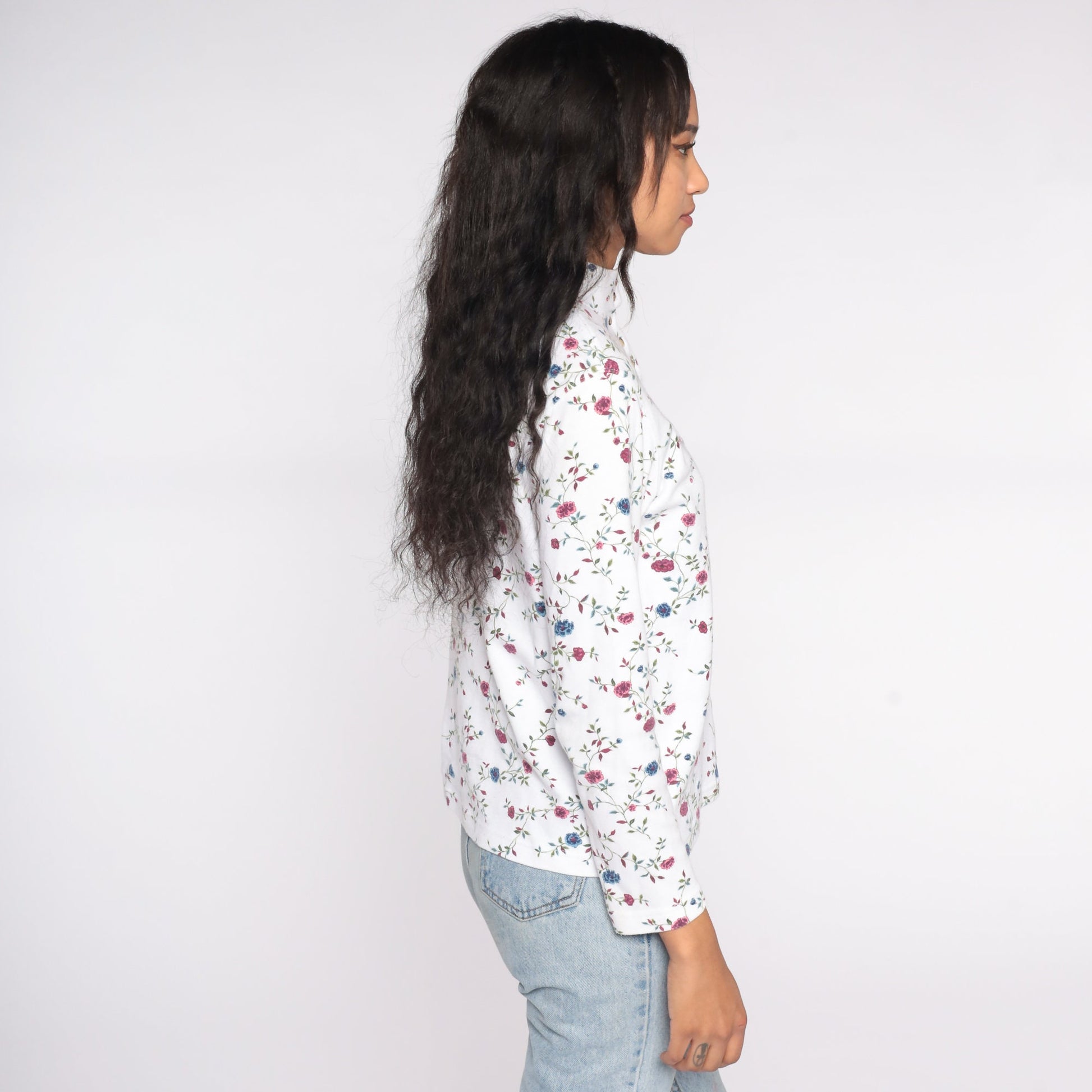 90s Floral Mock Neck Shirt White Long Sleeve Quarter Button Top Small