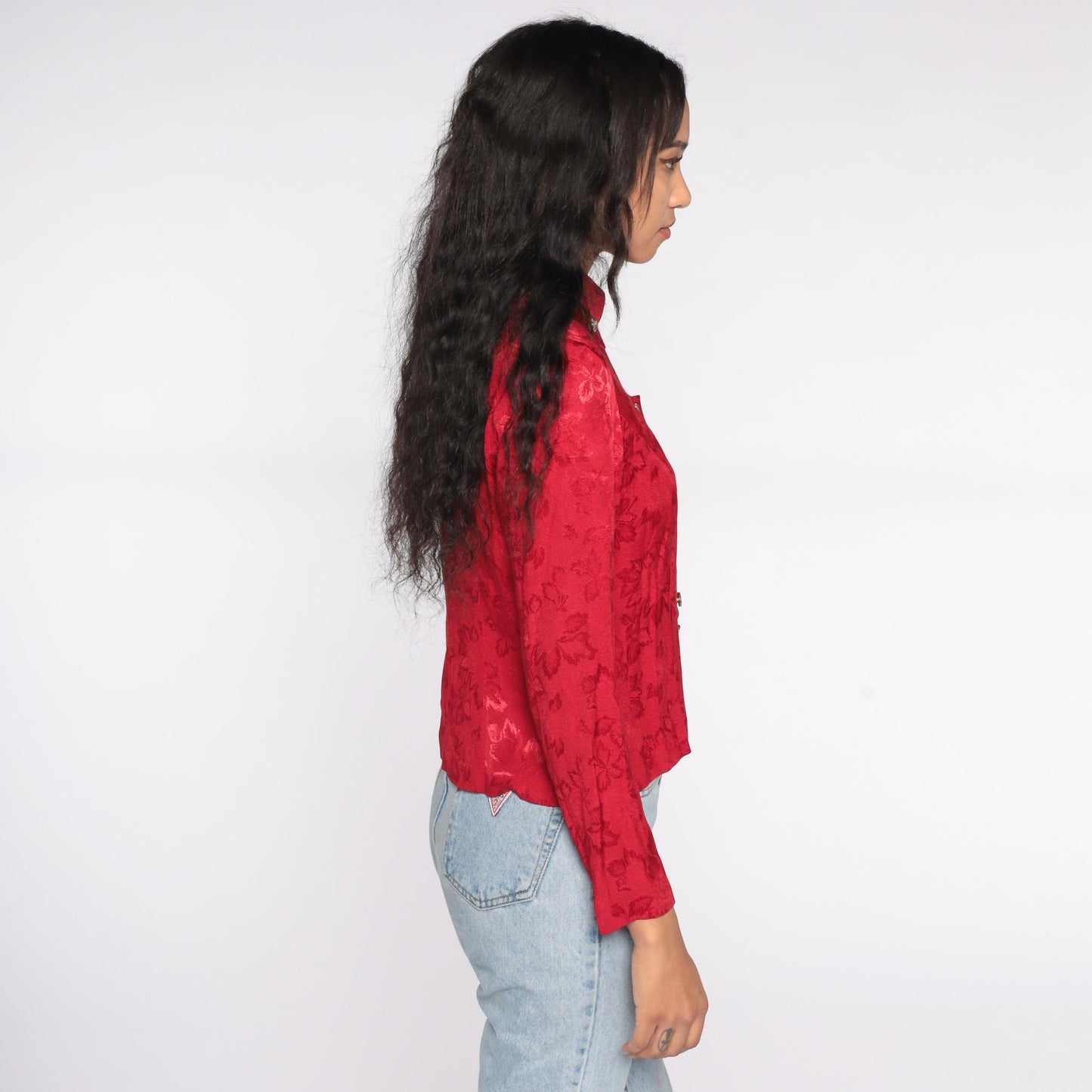 90s Red Leaf Embossed Button-Up Blouse Long Sleeve Medium M