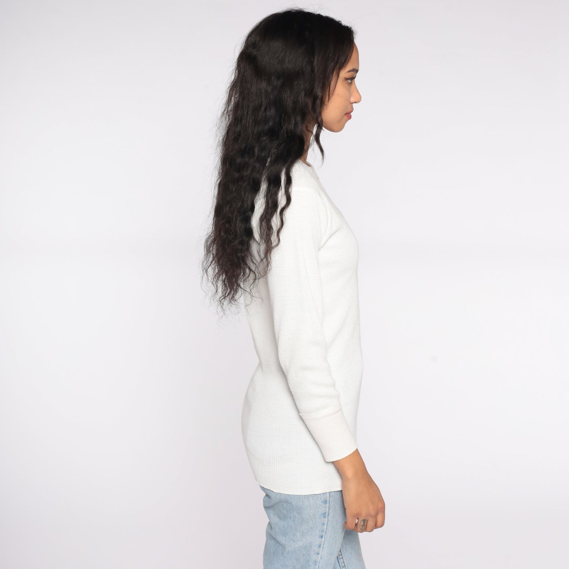 80s White Waffle Knit Thermal Long Sleeve Undershirt Medium