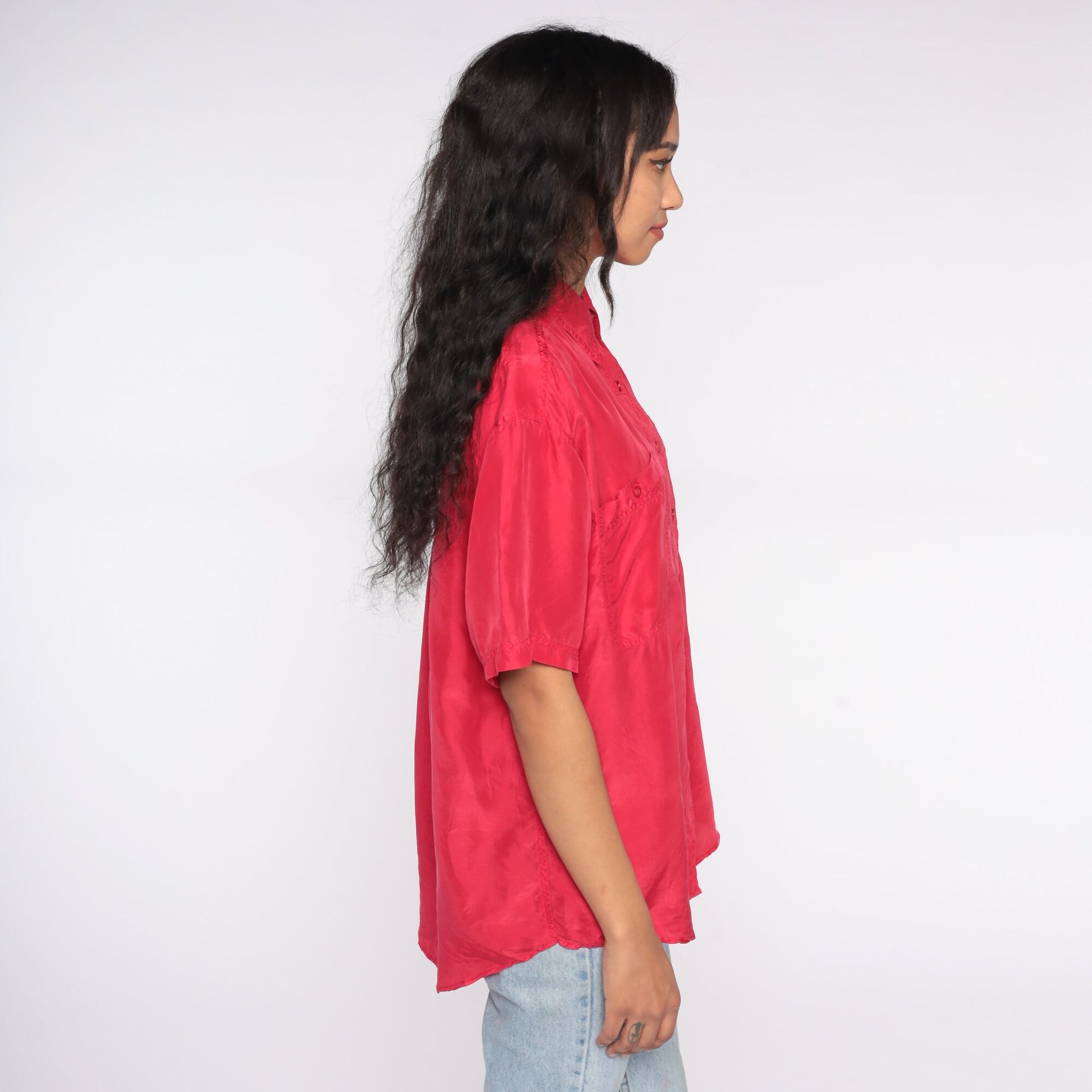 90s Red Silk Button-Up Shirt Short Sleeve Blouse Medium M