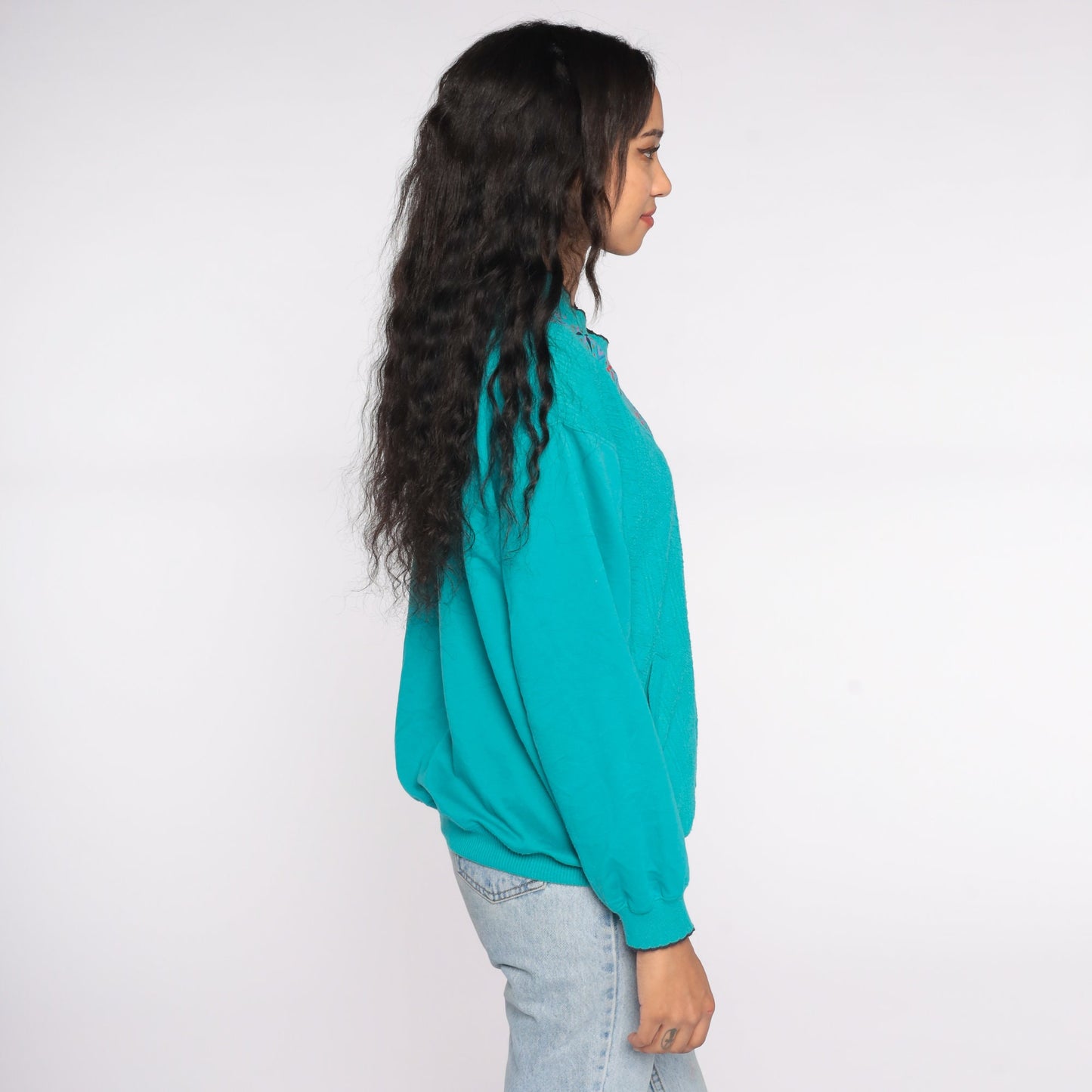 80s Teal Geometric Necklace Print Sweatshirt Scalloped Collar Medium