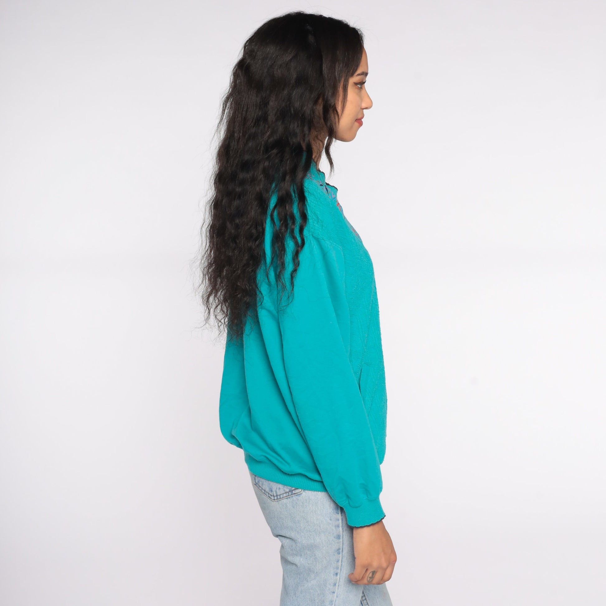 80s Teal Geometric Necklace Print Sweatshirt Scalloped Collar Medium