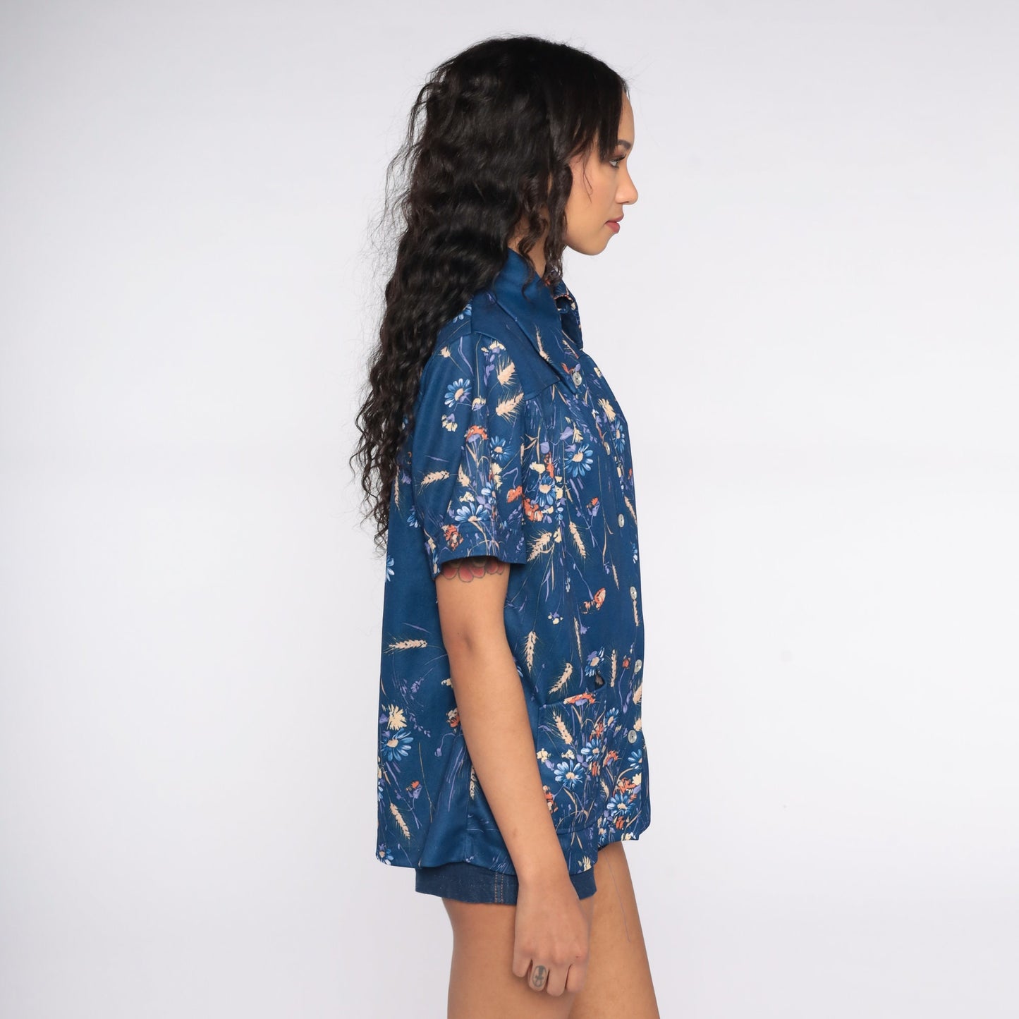 70s Navy Floral Button-Up Blouse Dagger Collar Short Sleeve Large L