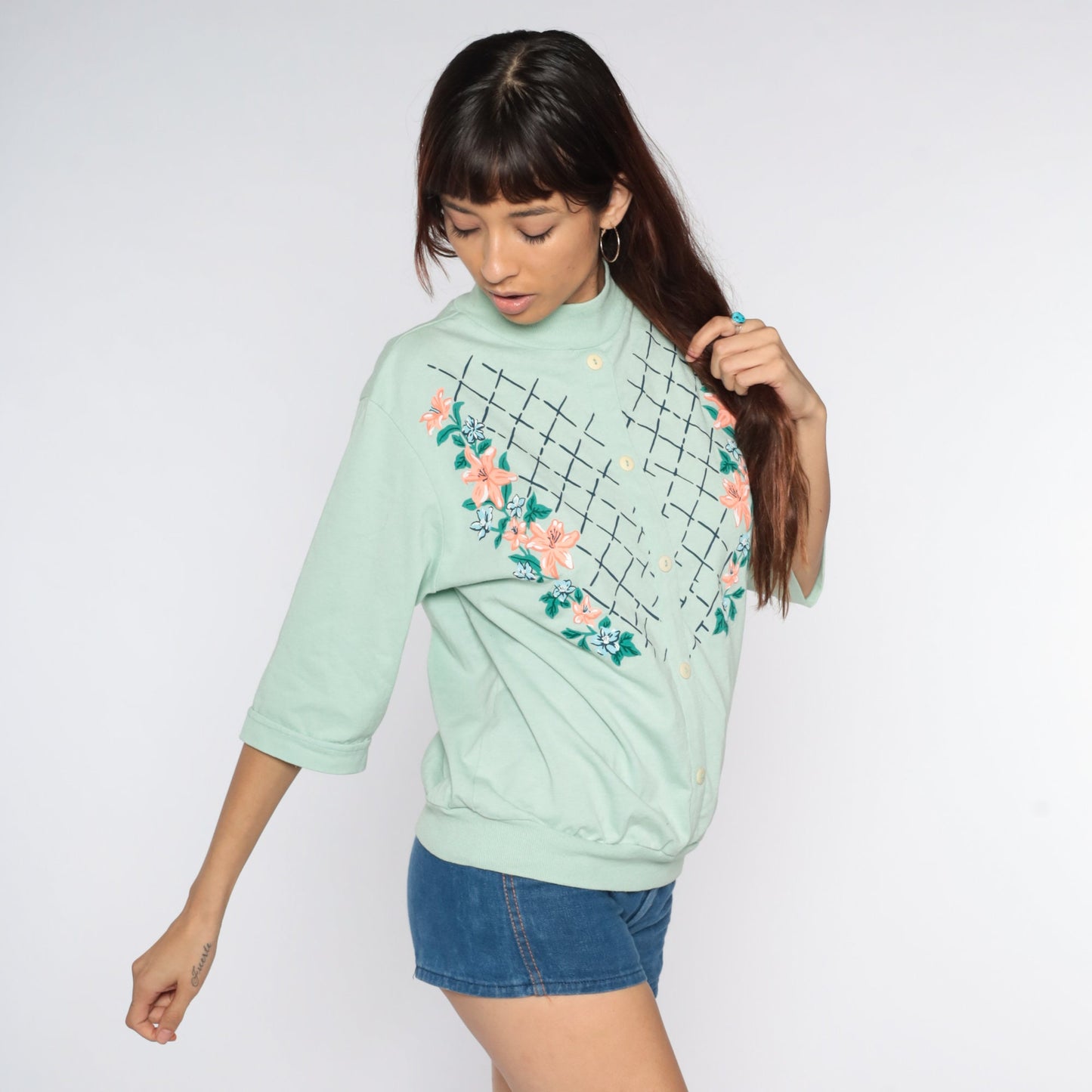 80s Floral Mint Green Shirt 3/4 Sleeve Loose Fit Blouse Large L