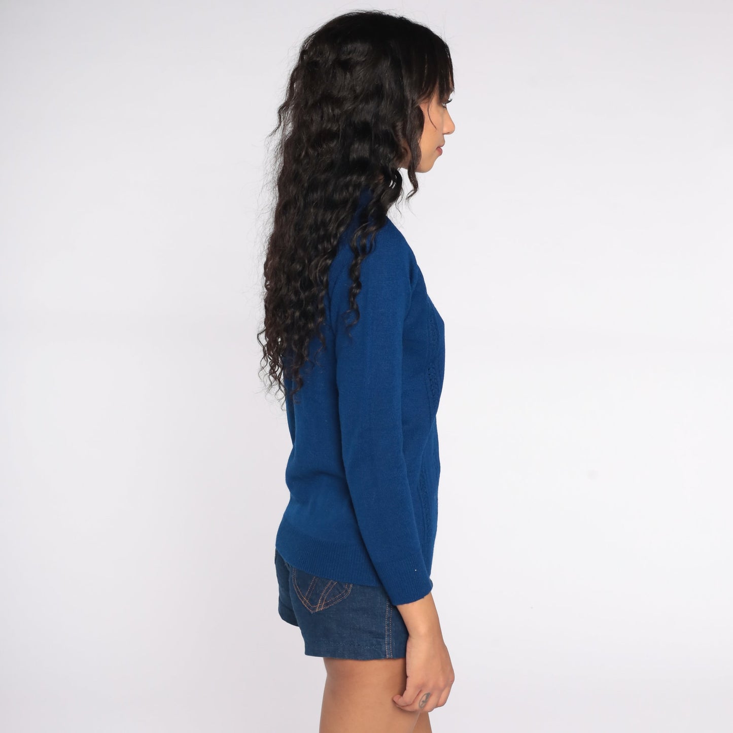 70s Navy Cable Knit Mock Neck Sweater Pullover Small S