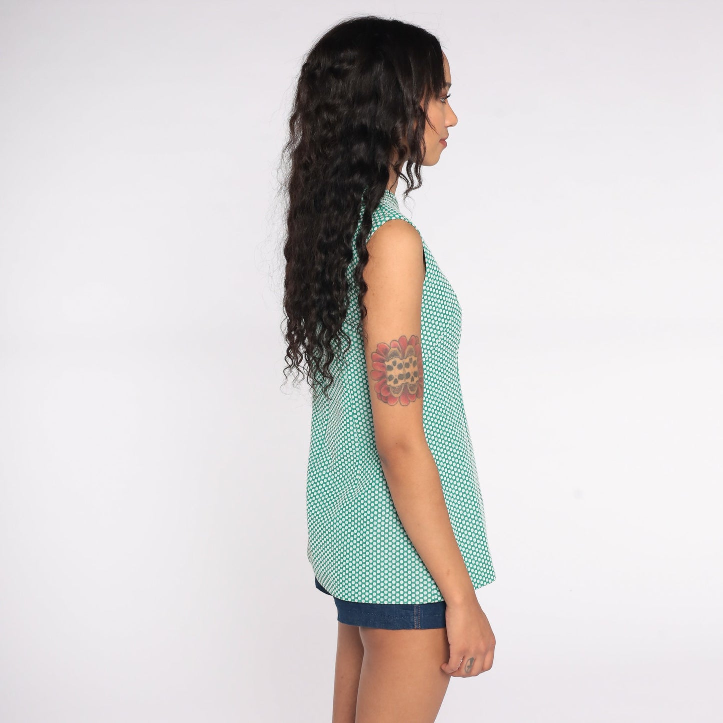 70s Green Polka Dot Sleeveless Blouse Tank Top Small