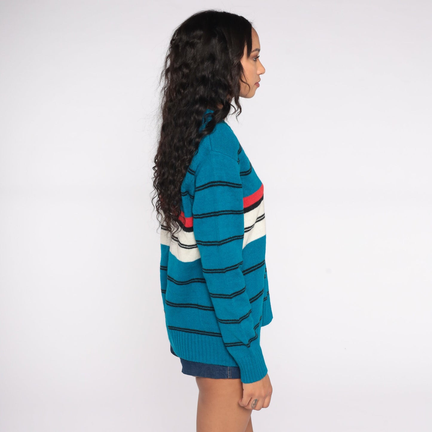80s Le Tigre Striped V-Neck Sweater Turquoise Red White Black Medium M
