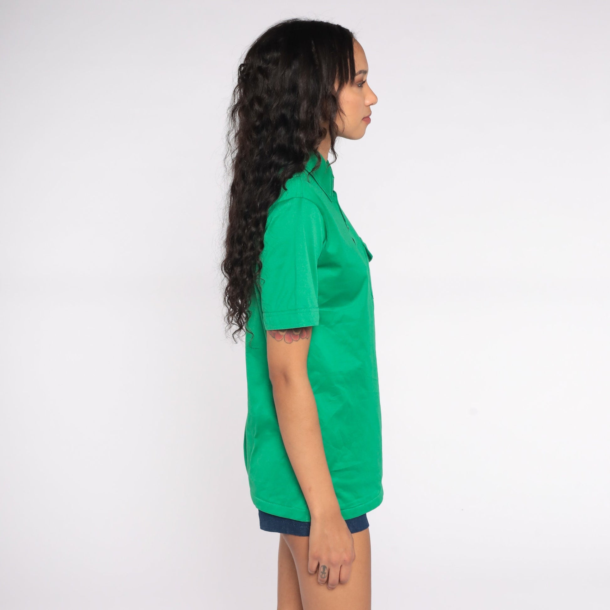 70s Green Polo Shirt Half Button Cotton Blend Short Sleeve Small