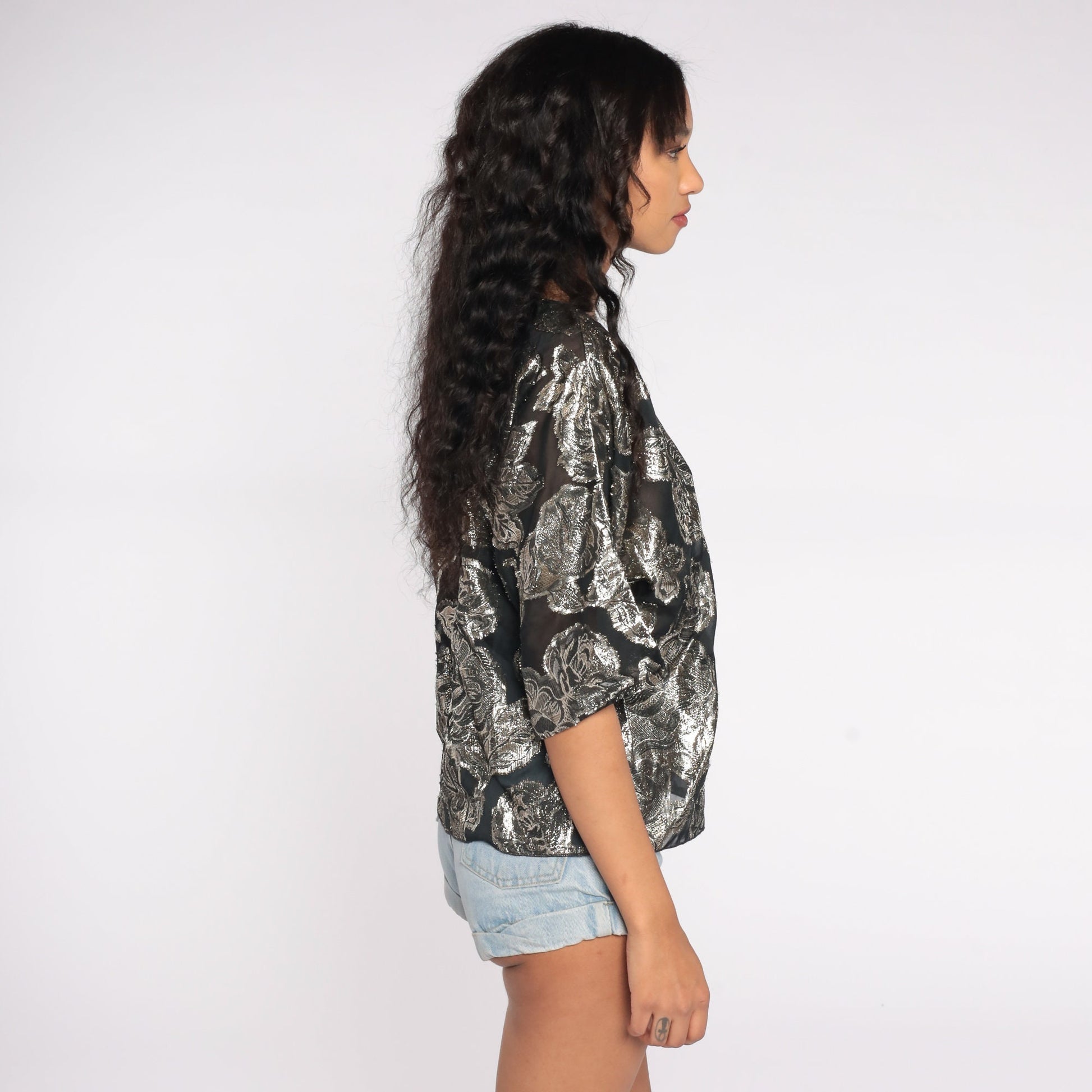 80s Metallic Silver Rose Floral Sheer Blouse Dolman Sleeve Small