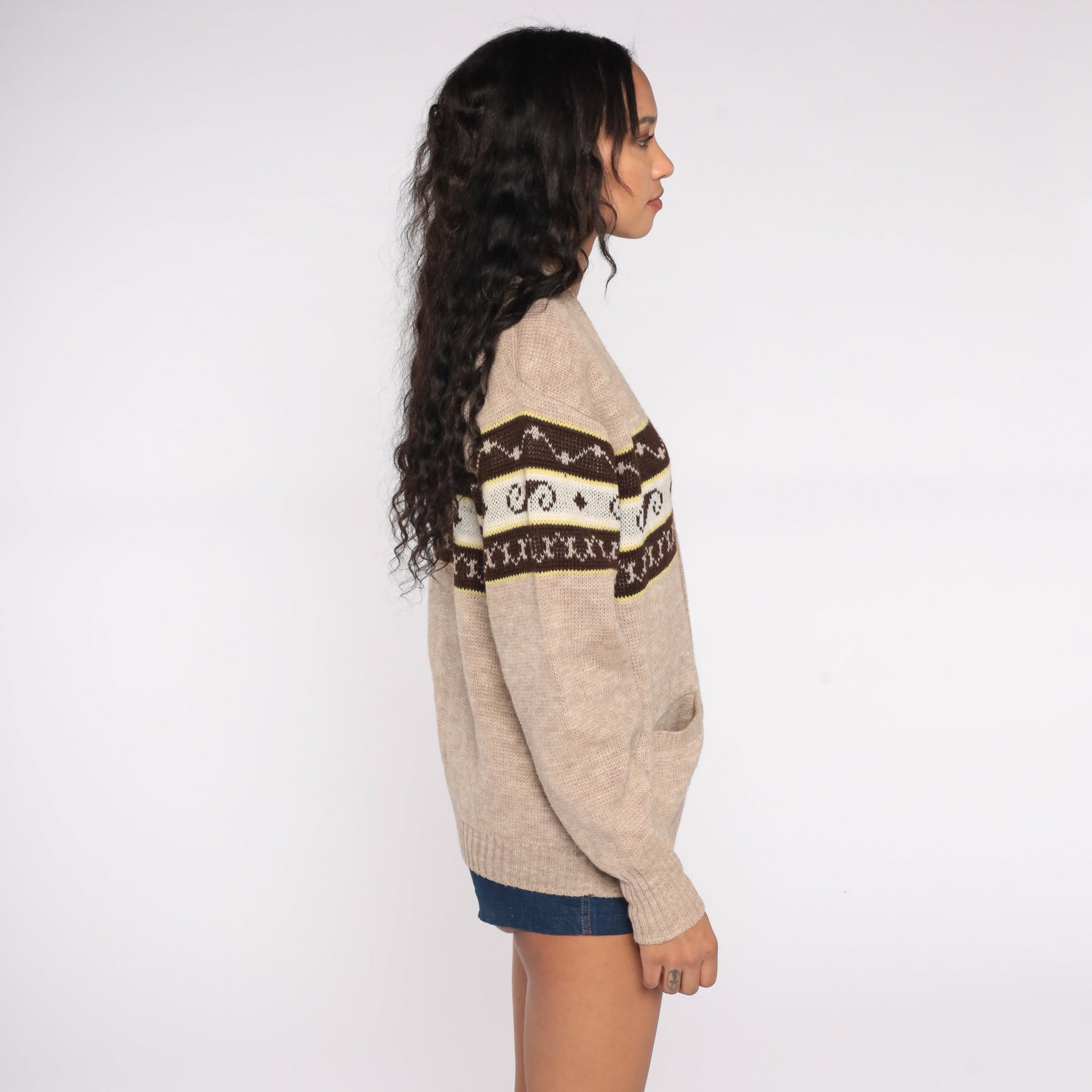 70s Brown Wool Cardigan Virgin Wool Button-Up Knit Sweater Large L