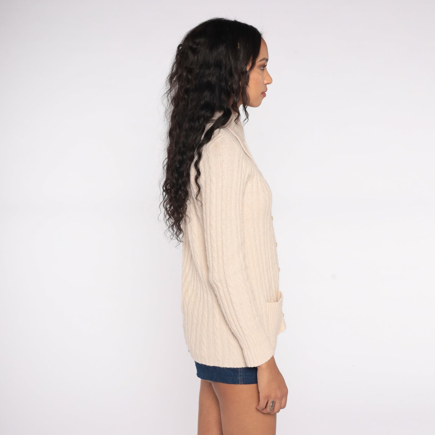 70s Cream Cable Knit Cardigan Dagger Collar Button Up Small