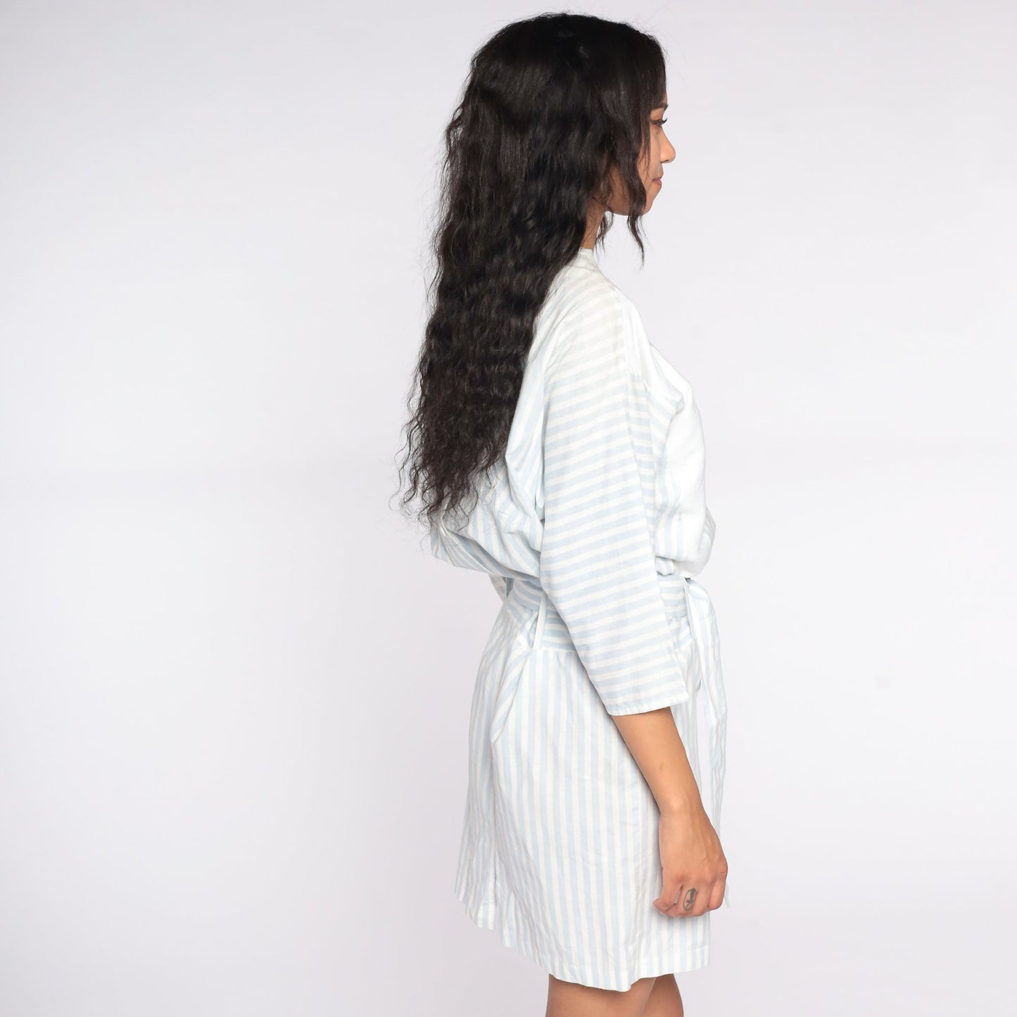 80s Striped Mini Dress White Blue 3/4 Sleeve High Waisted Medium