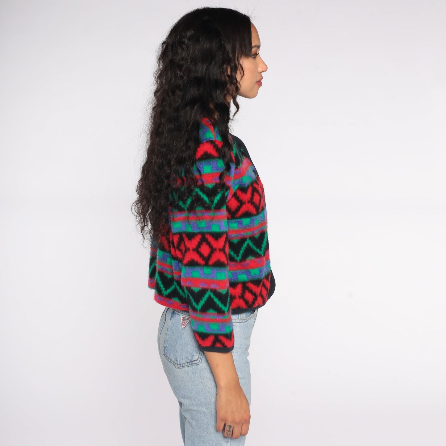 90s Southwestern Fleece Jacket Geometric Button Up Red Blue Green Small