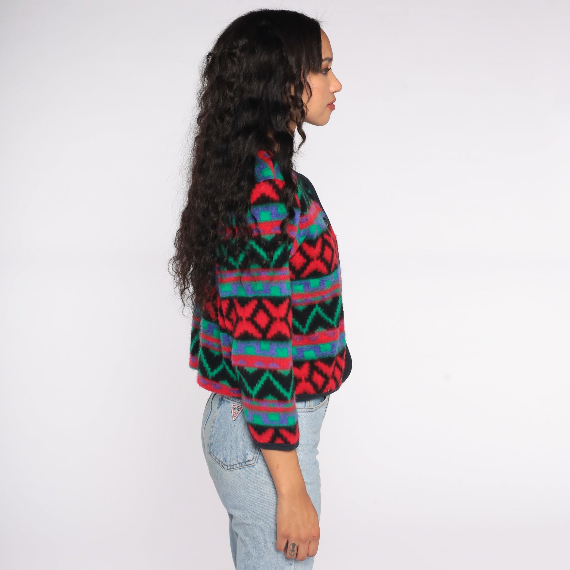90s Southwestern Fleece Jacket Geometric Button Up Red Blue Green Small