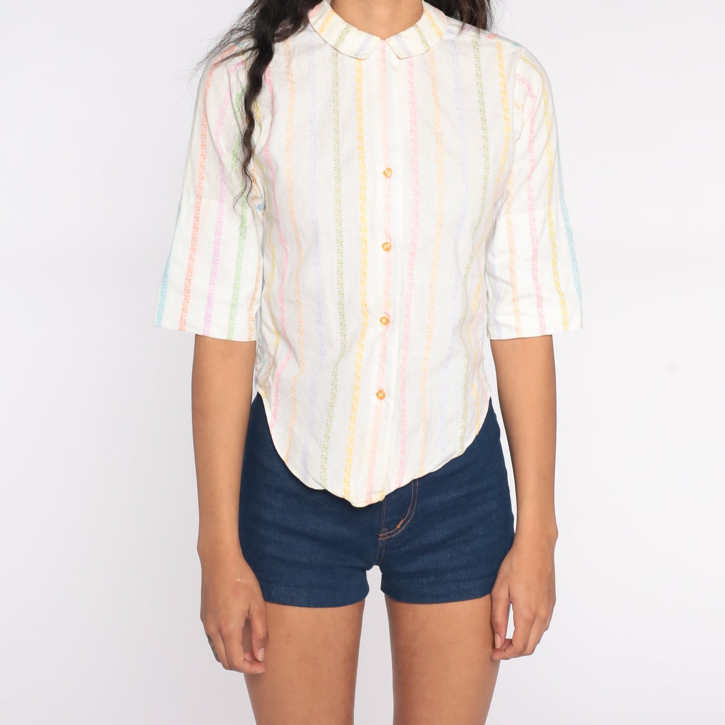 60s Rainbow Striped Button-Up Blouse Cotton Shirt White Collar Extra Small